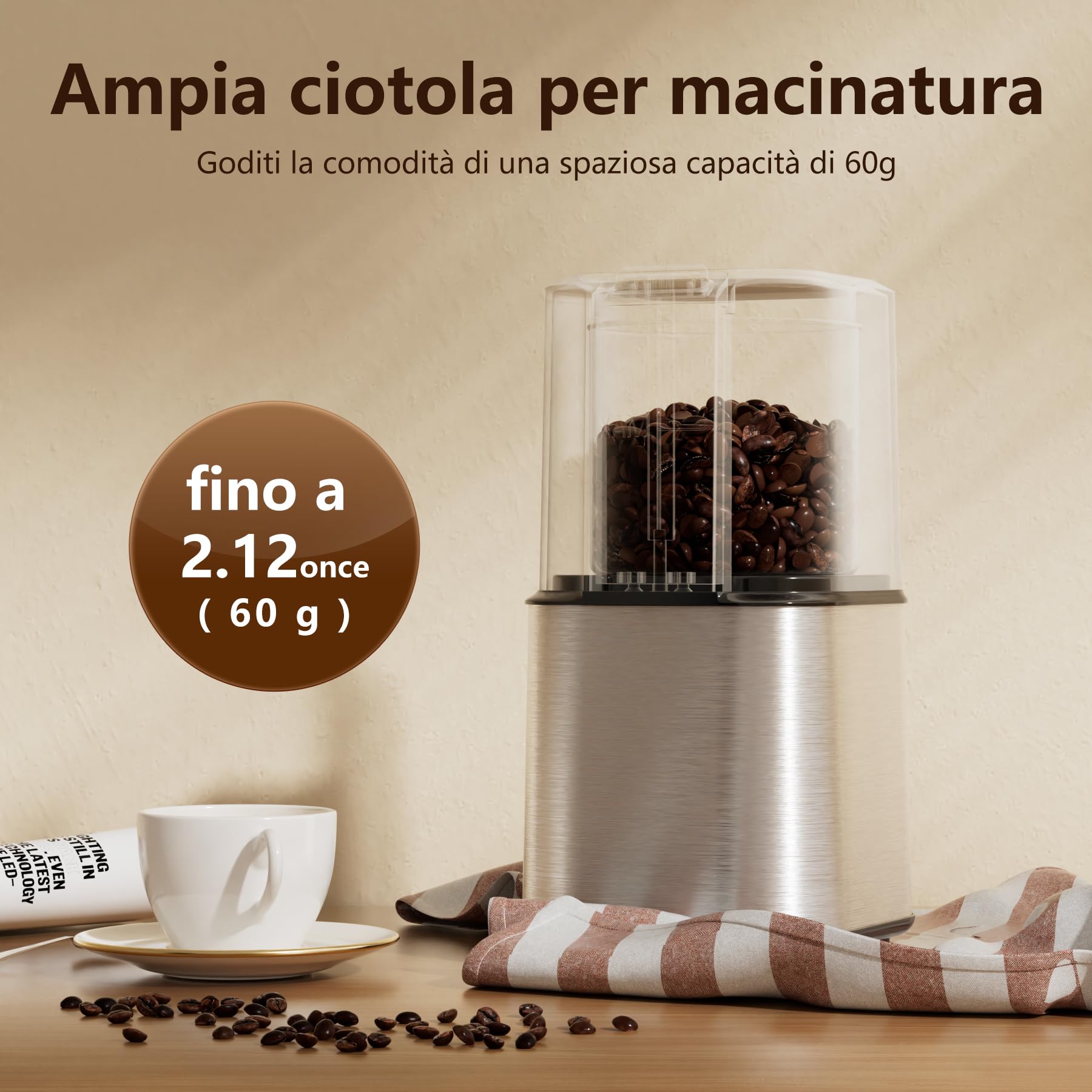 QEXREED Macina Caffe' Elettrico 150W, Macinacaffè Elettrico con Contenitori Rimovibili in acciaio inossidabile, 60g Capacità, per Chicchi di Caffè, Spezie, Cereali, Pepe, Noci