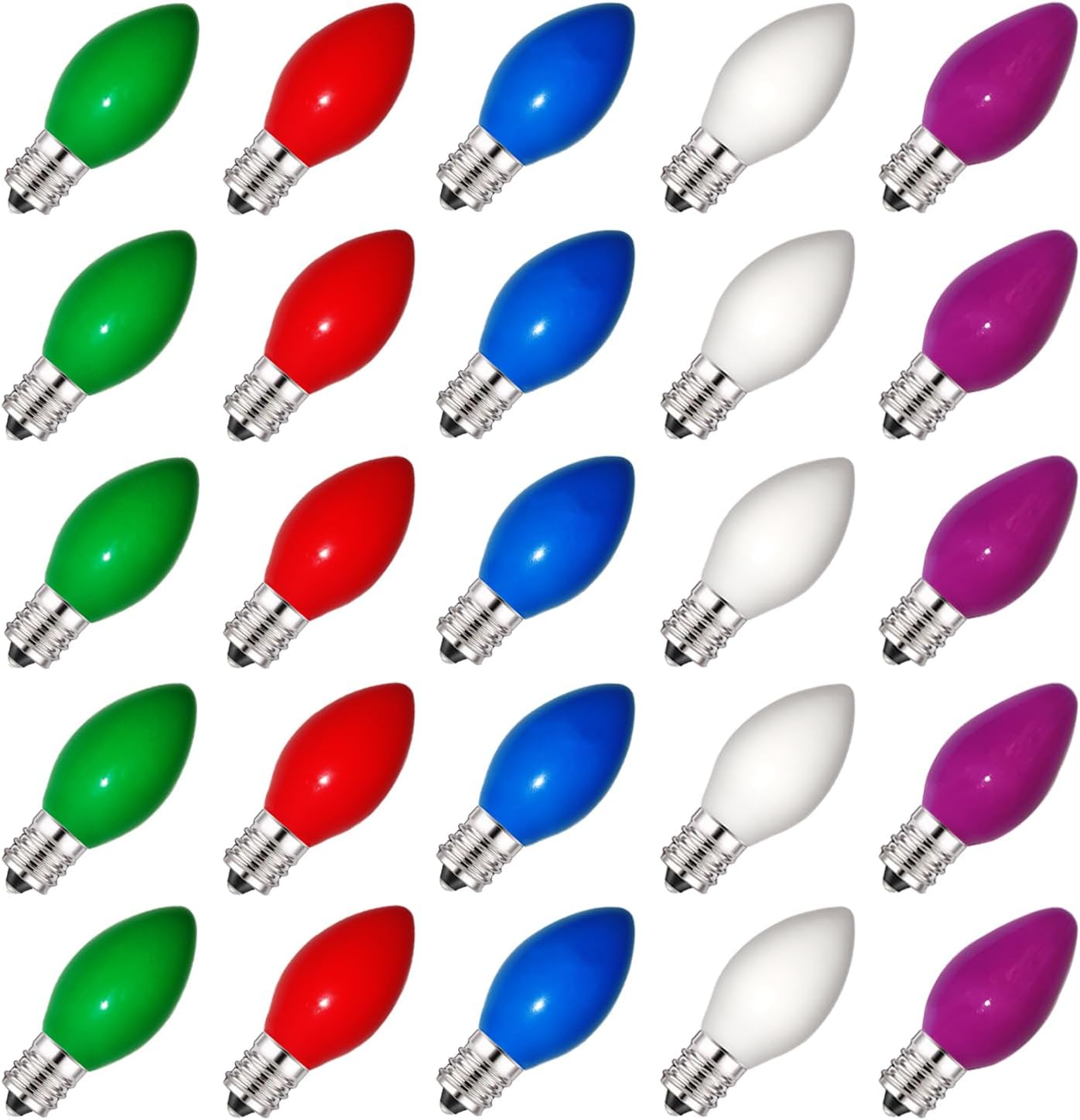 C7 Christmas Replacement Bulbs, 25 Pack Multicolor Christmas Lights Bulbs Vintage Edison Light Bulb for C7 Xmas Lights Night Light Candle Chandelier, E12 Candelabra Base, 5 Watt
