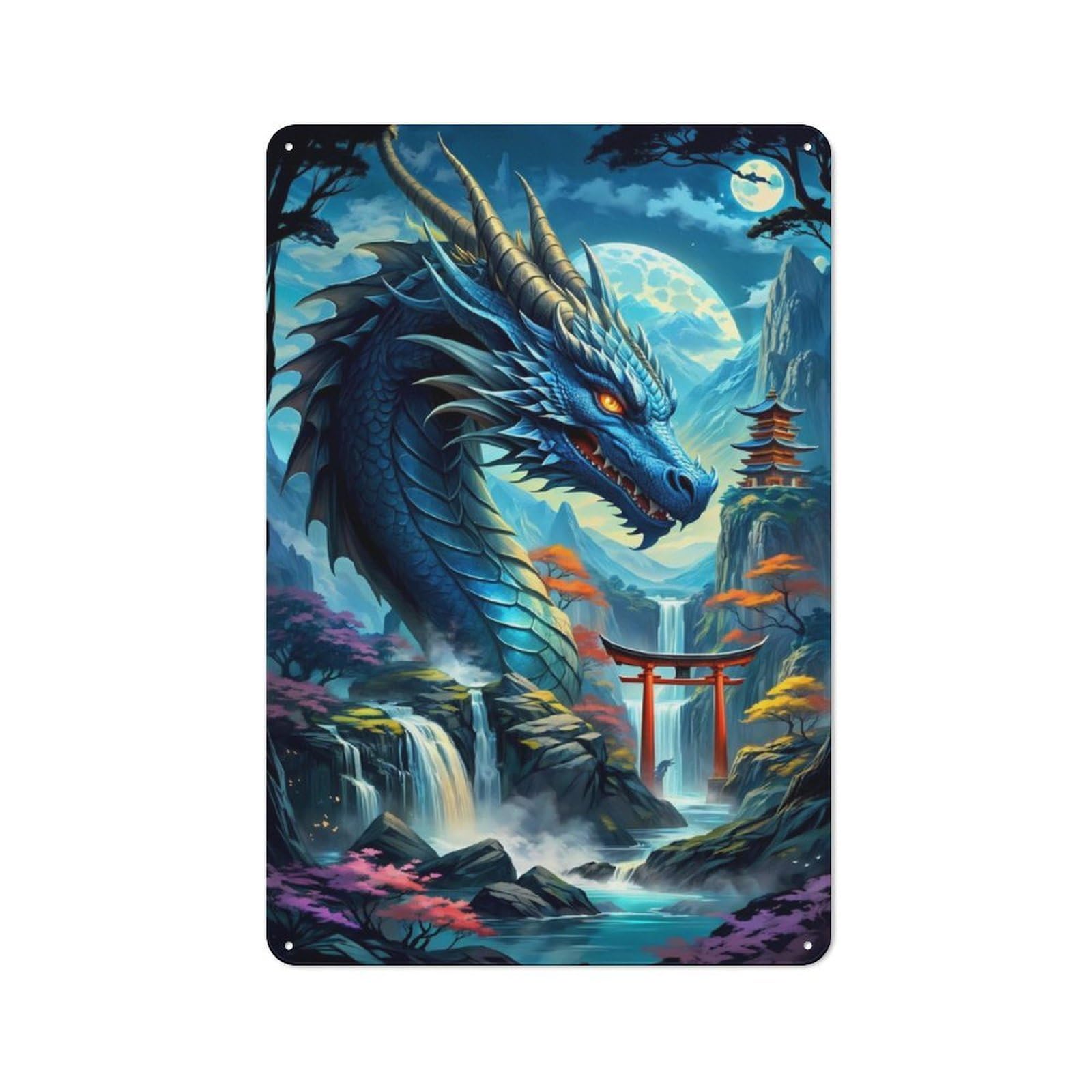 Dragon Silhouette Torii Industrial-style Tin Sign 30x20cm for Living Room Wall, for Metal Sign Collectors, for Garage And Workshop Walls
