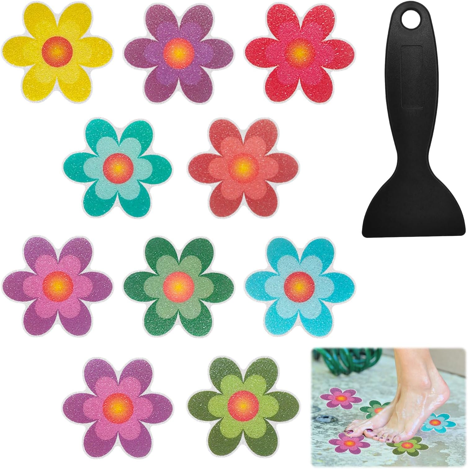 10Pcs Anti Slip Shower Stickers,Colorful Sunflower Bath Non Slip Stickers,Adhesive Non Slip Bath Stickers with Scraper,Shower Non Slip Stickers Bathtub Appliques for Bath Shower
