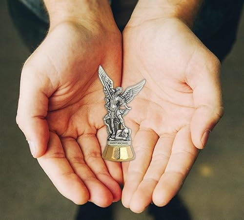 Miniatura 3 de Estatua de Arcángel de San Miguel de 3 pulgadas - Tarjeta de oración de San Miguel, moneda, oración del Señor - Conjunto pequeño de Arcángel San
