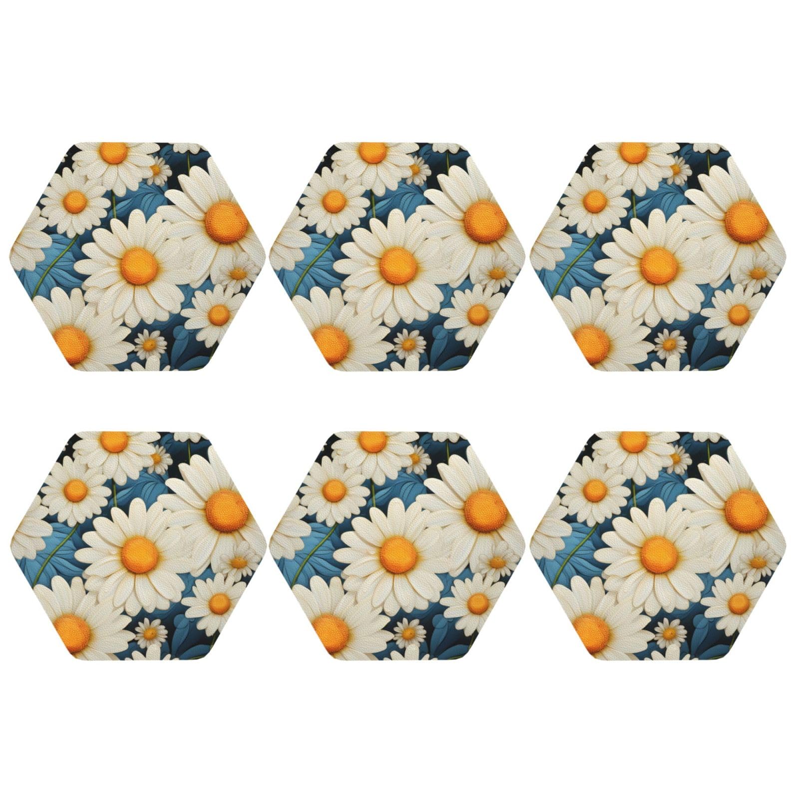 6Pcs PU Leather Coaster for Drinks, Daisy Cup Coastersr 4" Cup Mat Pad, Aesthetic Drink Coasters for Coffee Table, Hexagon Coaster for Tabletop Protection