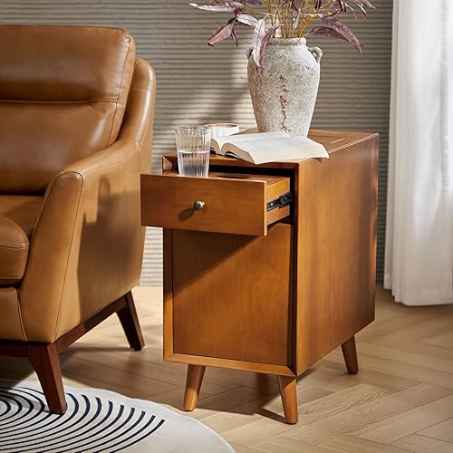 Miniatura 7 de HULALA HOME Mesa auxiliar con cajones y estación de carga, moderna mesa auxiliar con puertos USB y tomas, mesita de noche de madera con