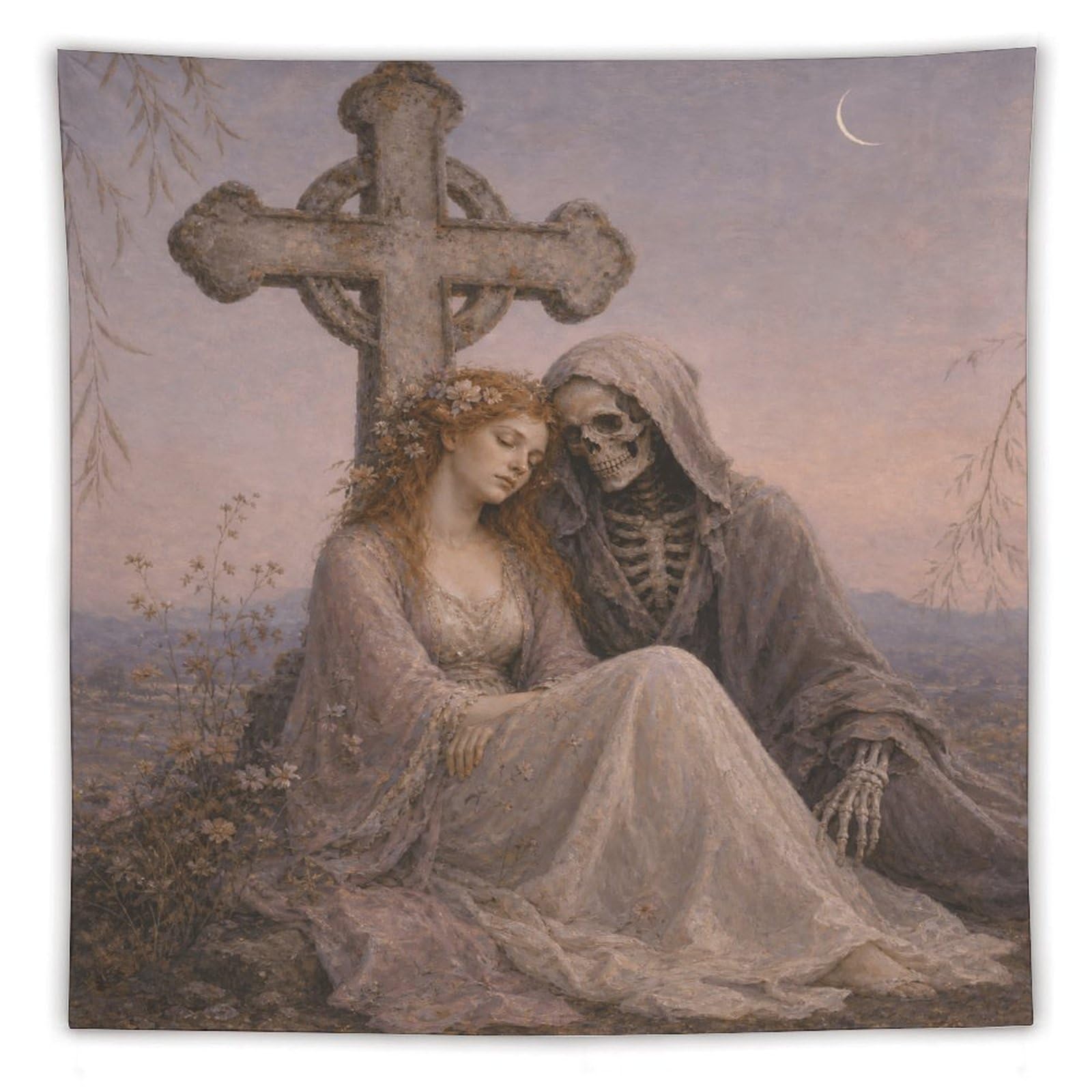 H3B8U2Y5 Bride with Death Wall Tapestry, Fantasy Illustration Style, Bed