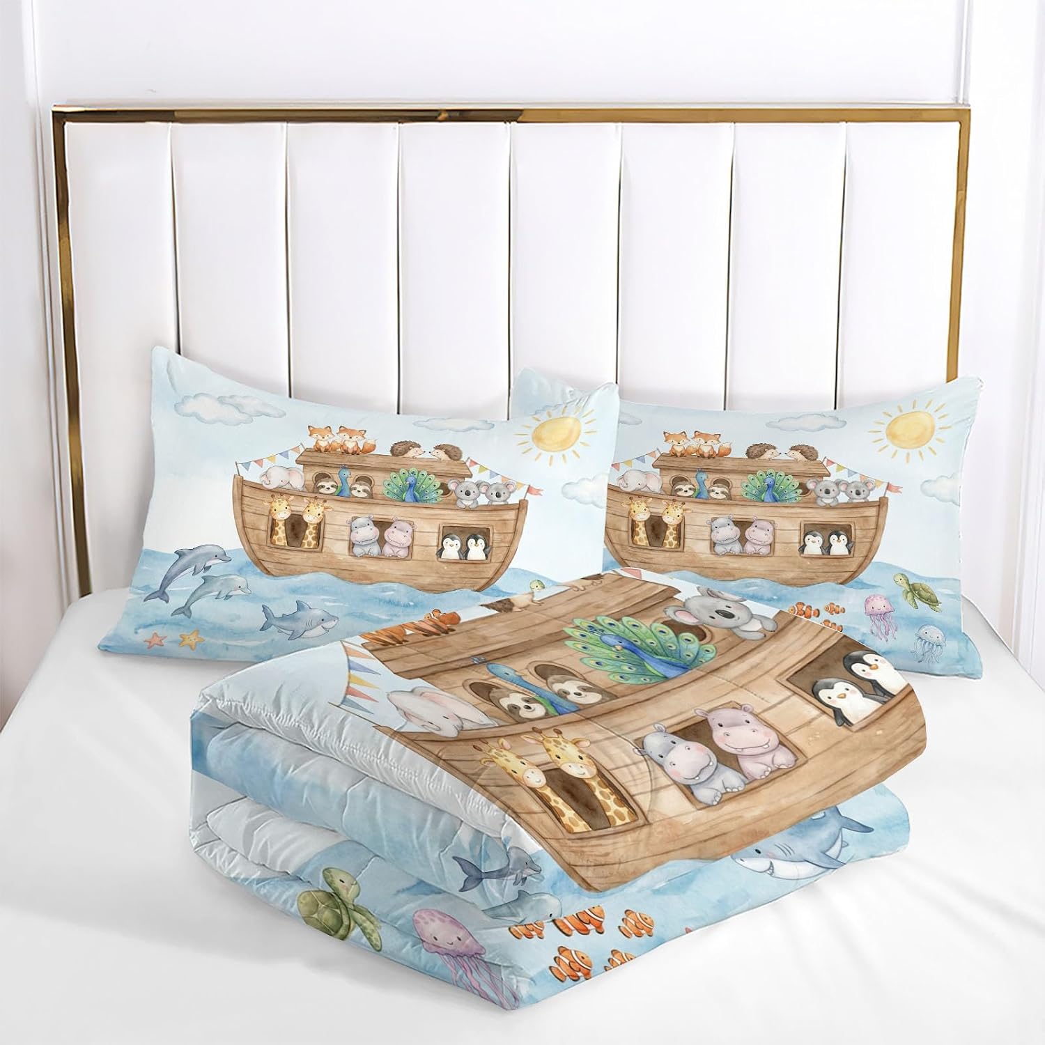Animation Style Comforter Set Twin Size, Ark Animals Print Breathable Bedding Set for Girls Boys Teens, Sky Blue Quilt Duvet with 2 Pillow Cases