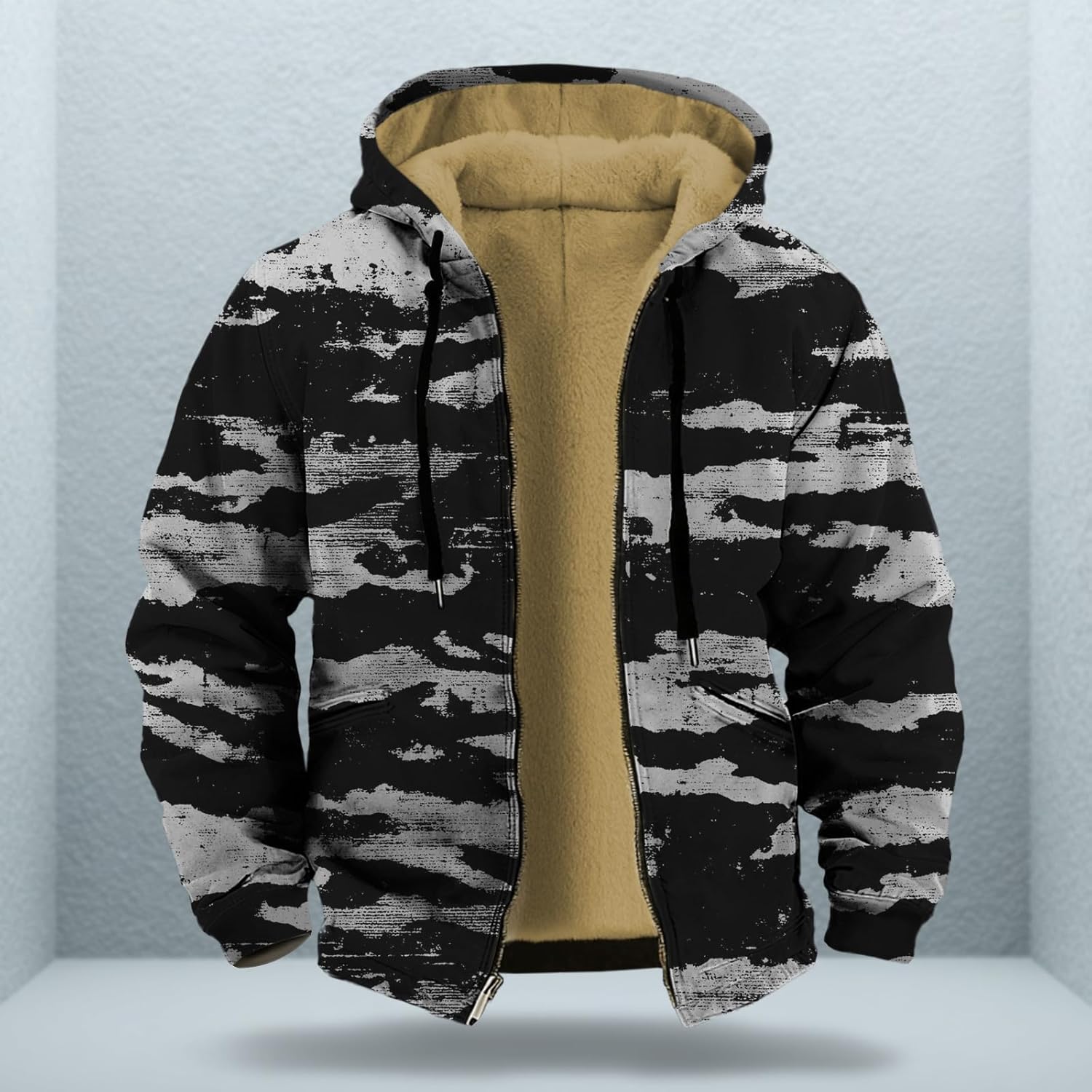 Mens Unique Print Sherpa Fleece Lined Full-Zip Jacket Big and Tall Retro Ethnic Winter Daily Coat - Image 2