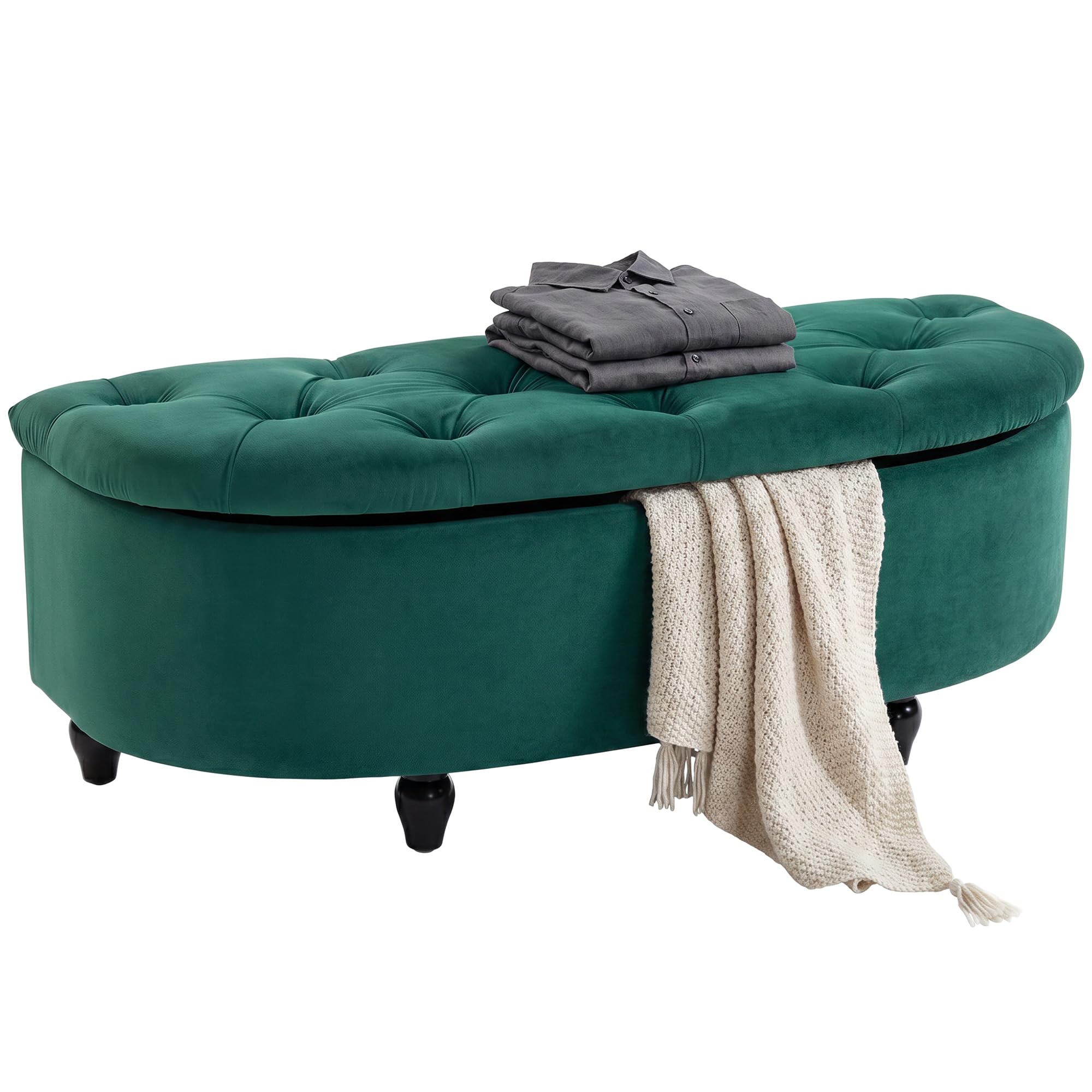 HOMCOM Sitzbank mit Stauraum Polsterbank mit Samtoptik, geöffnetem Deckel Sitztruhe mit Holzbeine, Truhenbank für Wohnzimmer Flur Schlafzimmer 120 x 46 x 42 cm Dunkelgrün