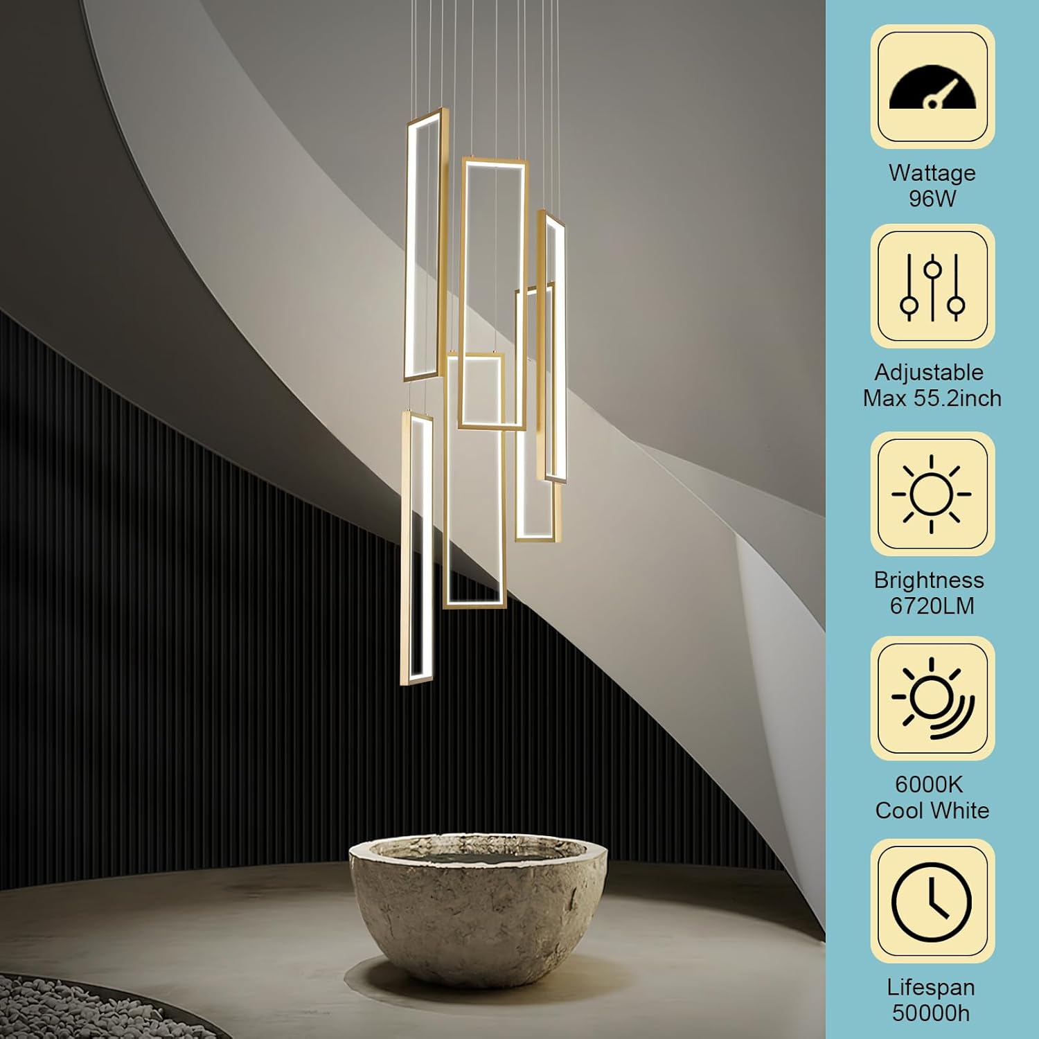 CHYING Gold Modern LED Staircase Chandelier, 6 Rectangle 96W Dimmable Long Chandelier for High Ceilings, Hanging Adjustable Pendant Light for Foyer Entryway Living Room