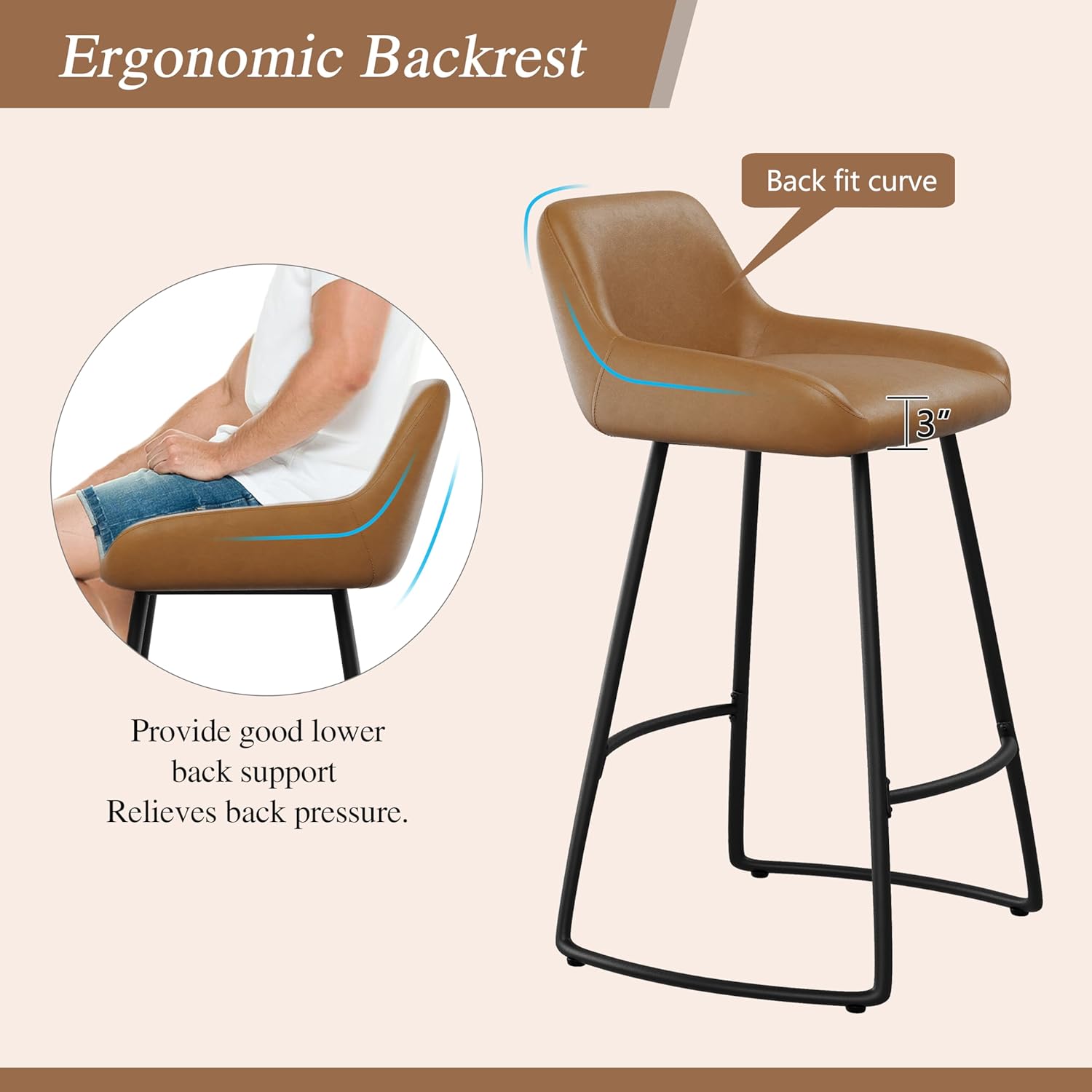 Alunaune 26inch Barstools Set of 2, Mid Century Faux Leather Counter Height Bar Stools, Modern Dining Room Bar Chairs for Kitchen Island with Back Metal Legs-Brown