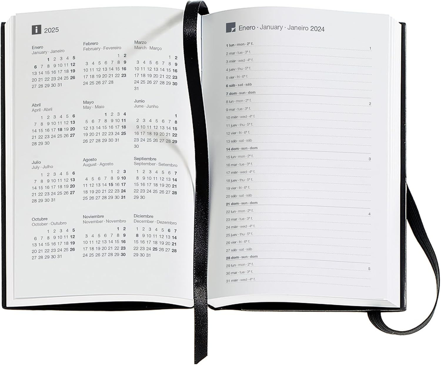 Miquelrius - Annual Planner 2024, Week to View, Passport Size 90 x 140 mm, Stitched Leather Hard Cover, Elastic Rubber, Spanish, English and Portuguese, Black