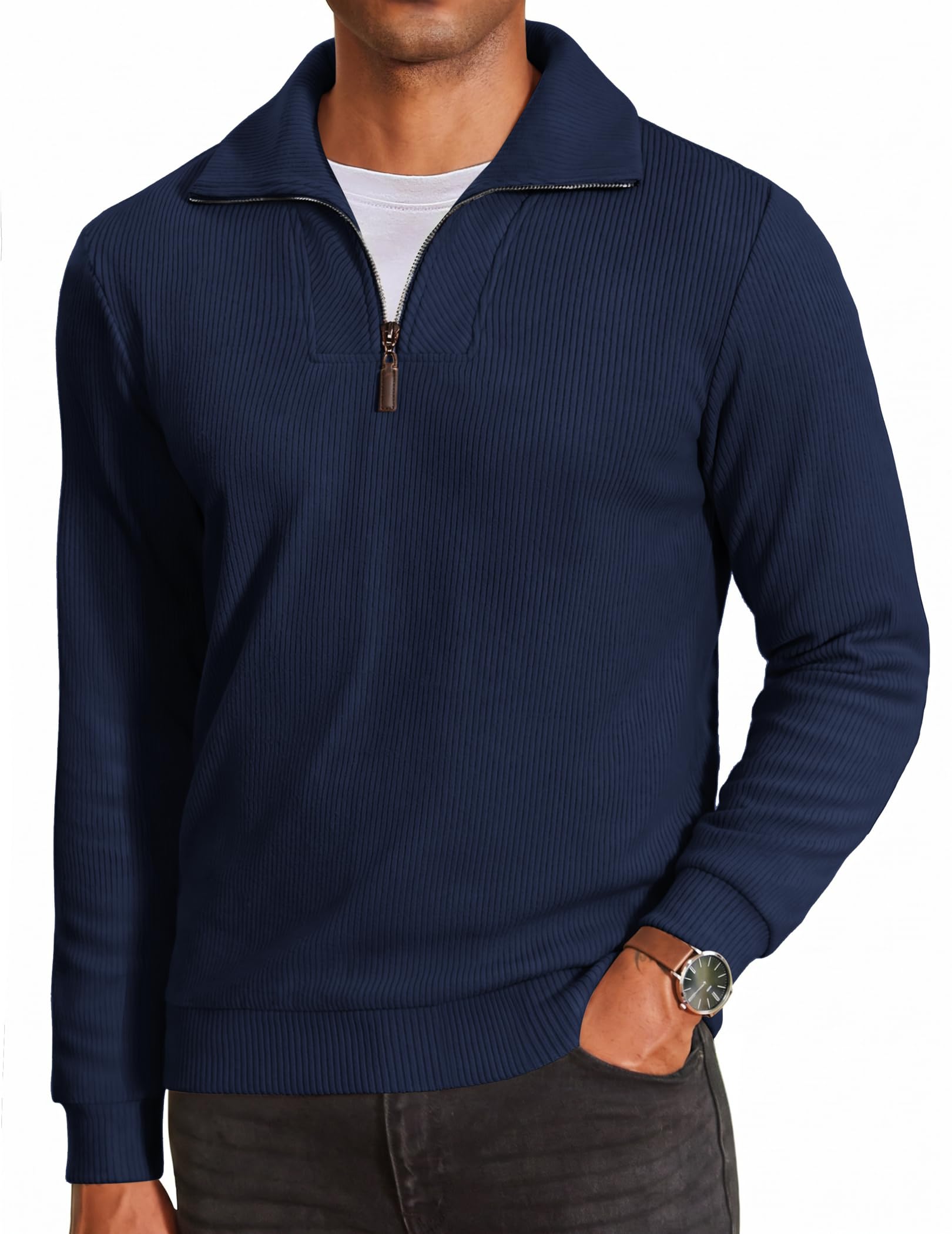 COOFANDY Men's Soft Quarter Zip Pullover Mock Neck Corduroy Sweatshirt Global Recycled Standard Global Recycled Standard Global Recycled Standard ISCC PLUS