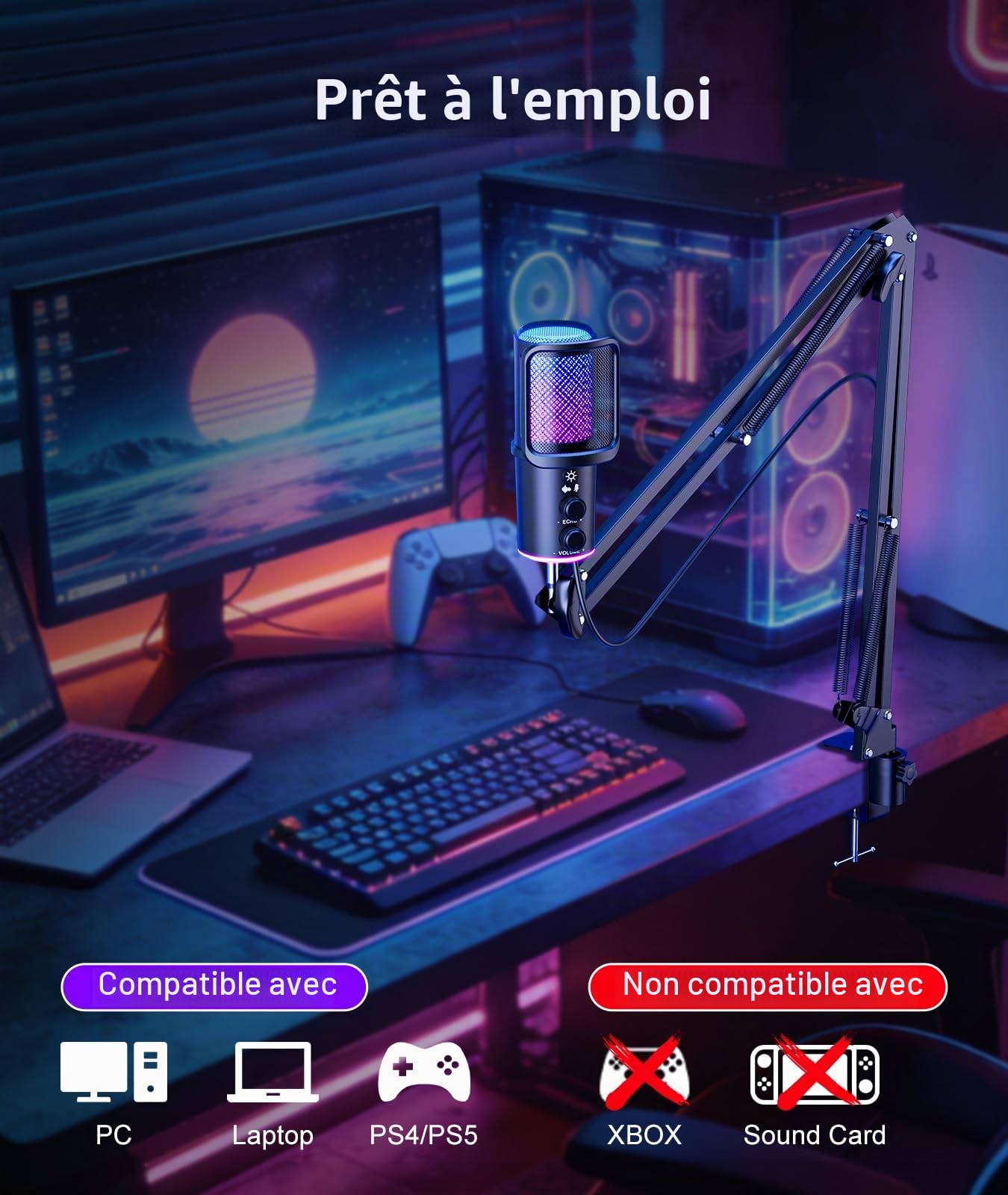 Microphone USB de jeu, microphone à condensateur avec suppression du bruit avec sourdine, bras articulé pour micro-réglage de la réverbération, surveillance pour streaming, podcasting, Discord