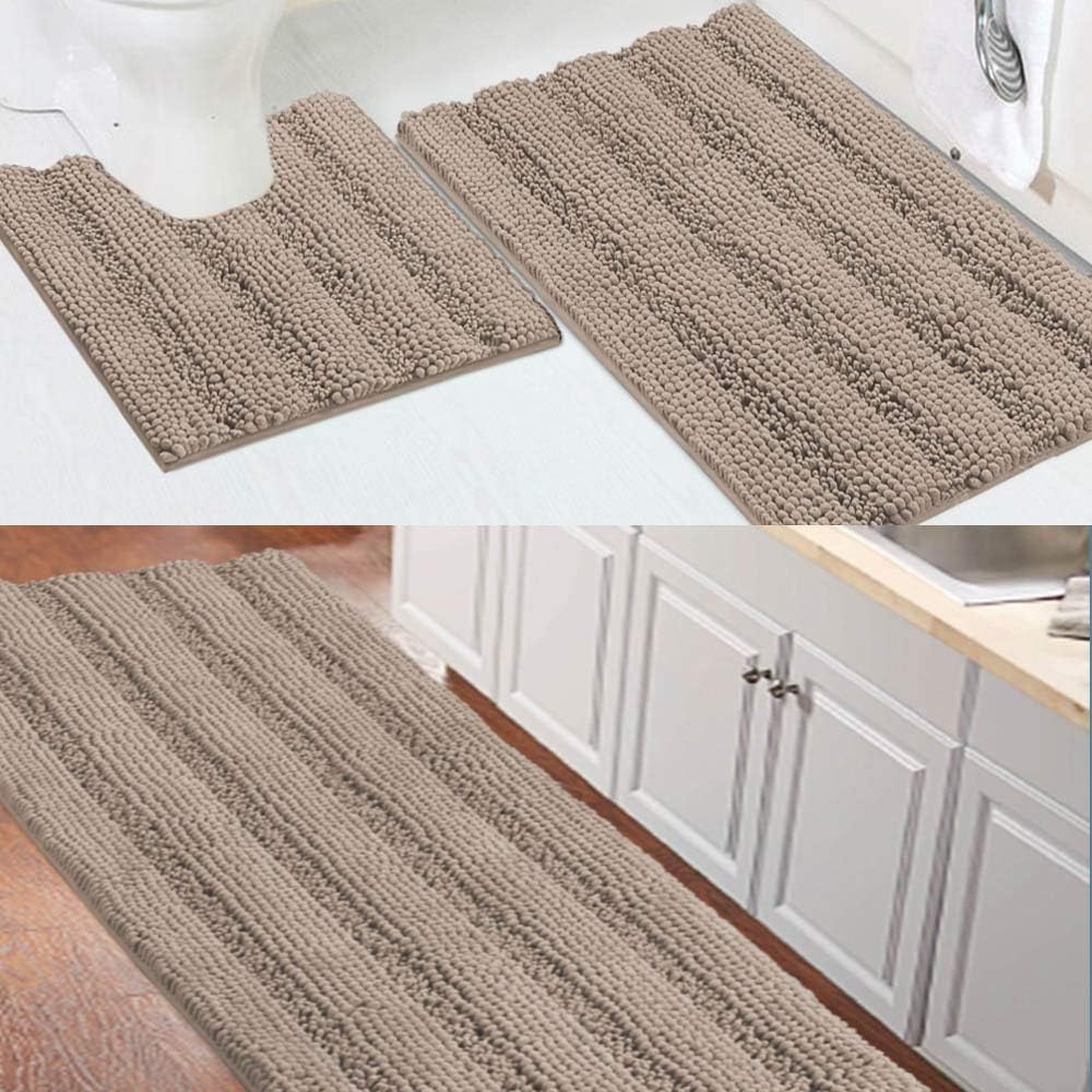 Turquoize Chenille Bath Rug Bundle Order Bath Runner 59" X 20" and Bath Toilet Rug Set 32" x 20"/20" x 20" Taupe
