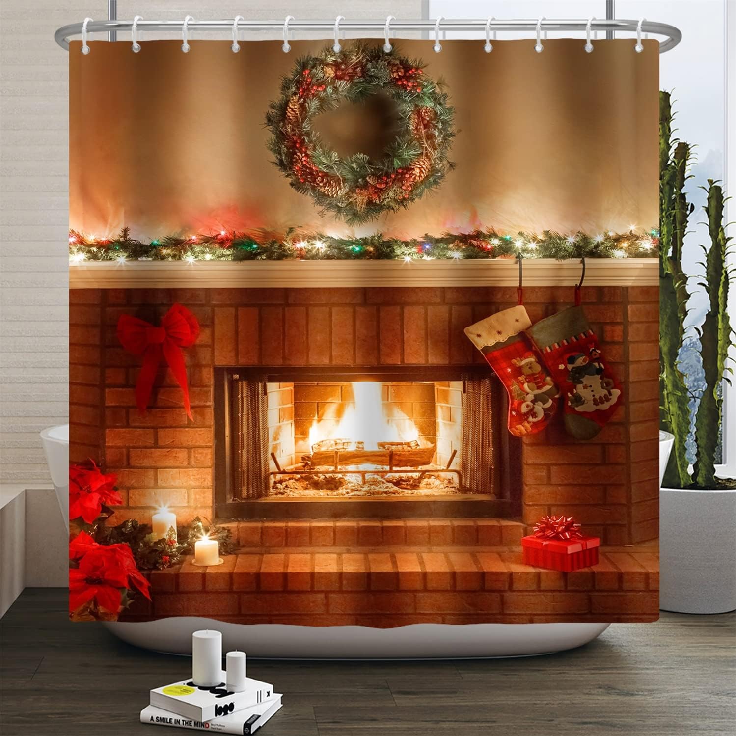 OERJU Christmas Theme Shower Curtain Winter Snow Silver Background Christmas Decorations Red Bells Green Branches Bath Curtain Waterproof Polyester Fabric Bathroom Decor Set with Hooks 72x84inch