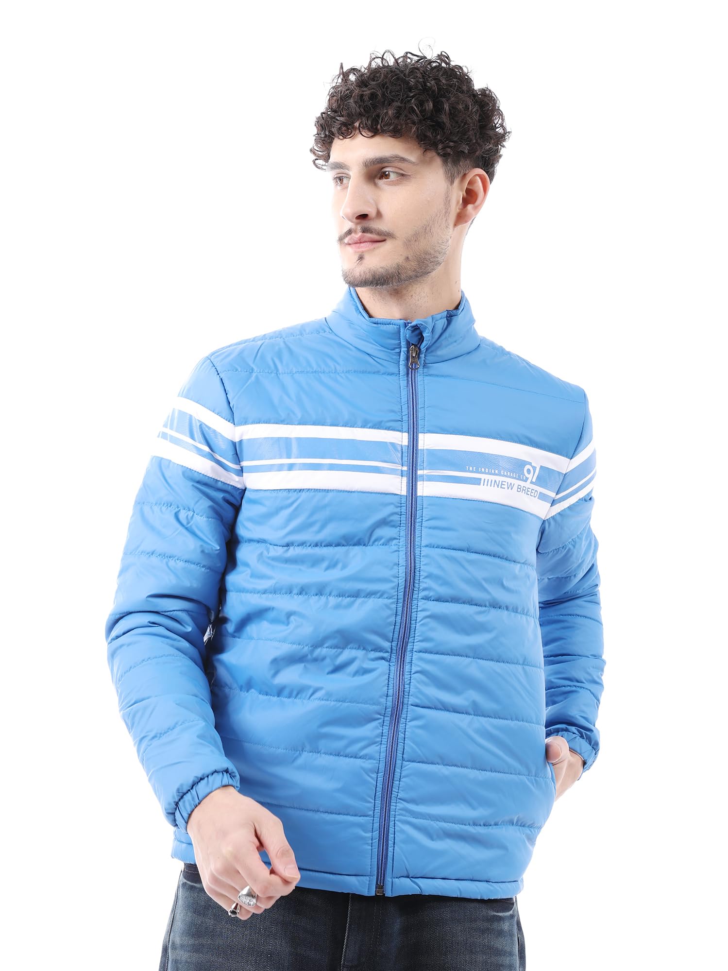 the indian garage co Men Blue Slim Fit Colorblocked Puffer Jacket-picture-42
