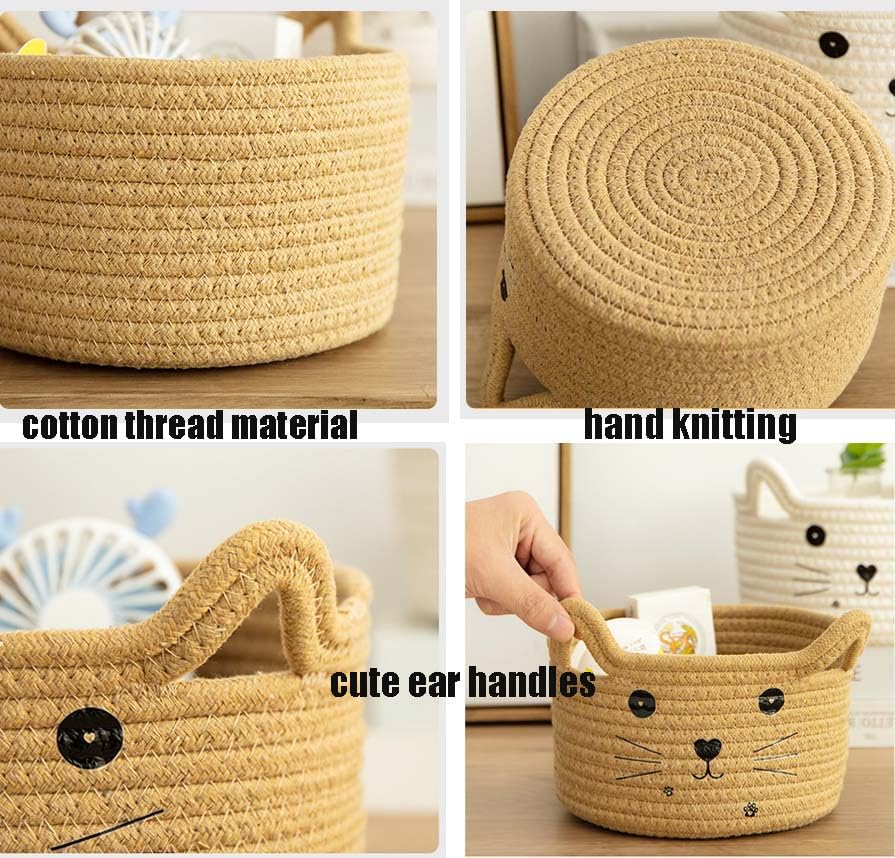 Image of Cotton Rope Basket Yarn Basket With Ears Cute Baby Shower Gifts Cartoon Pet Toys Organizer Bins Small Basket For Makeup /Keys 8.3 x 4.7 inches,Brown