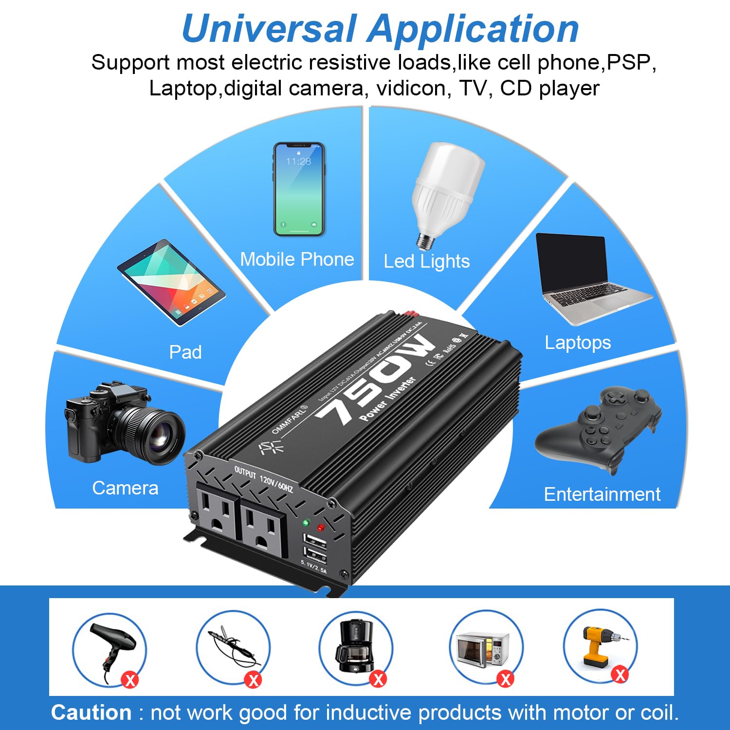 750 W DC 12 V do 110 V AC adapter samochodowy z ładowarką USB 2 A i 2 wyjściami prądu przemiennego
