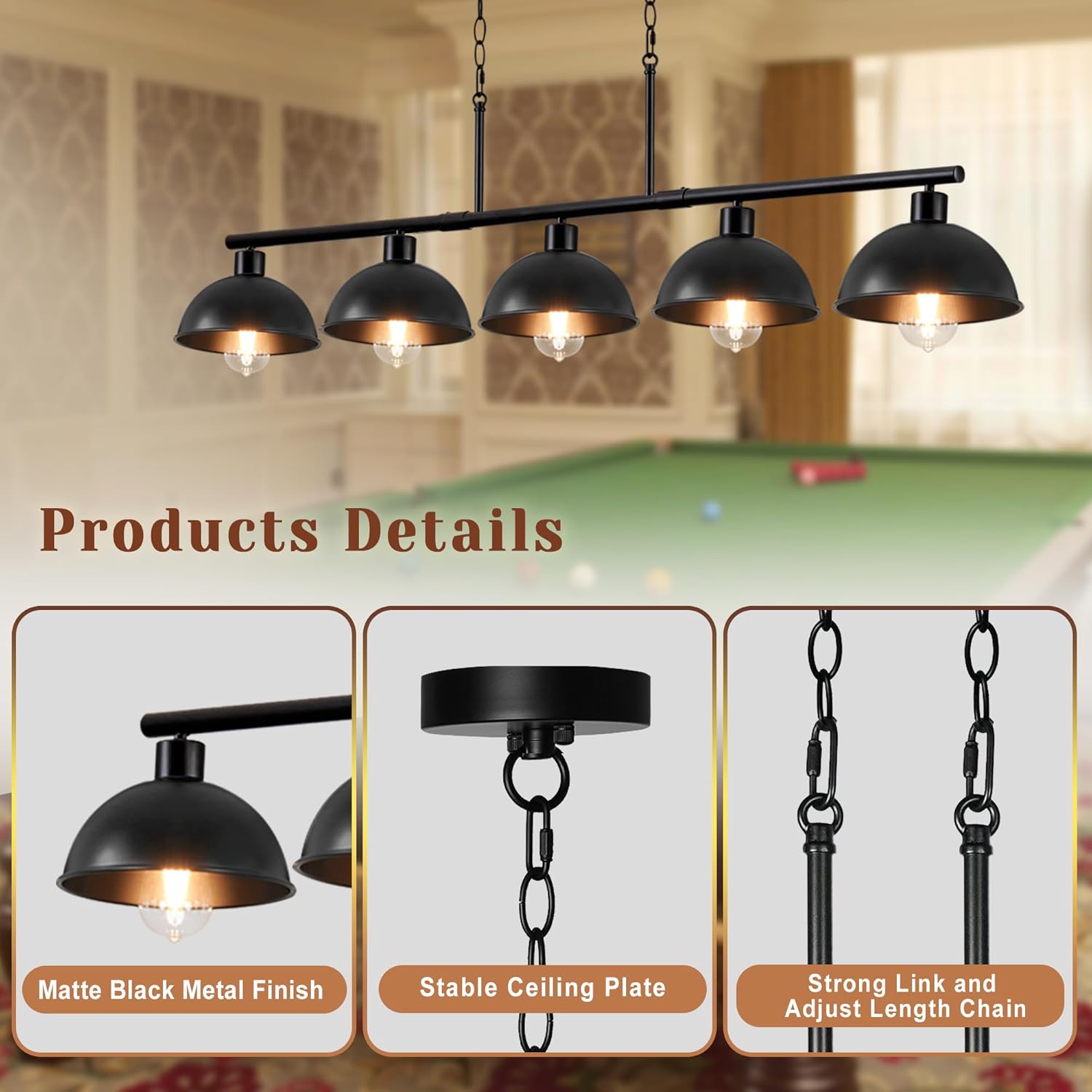 Adjustable Pool Table Light, 5 Lights Billiard Light Pool Table Lights for 8ft 9ft 56.7" Kitchen Island Lights for Billiards Room Coffee Shop Dining Room, Matte Black Metal Shade