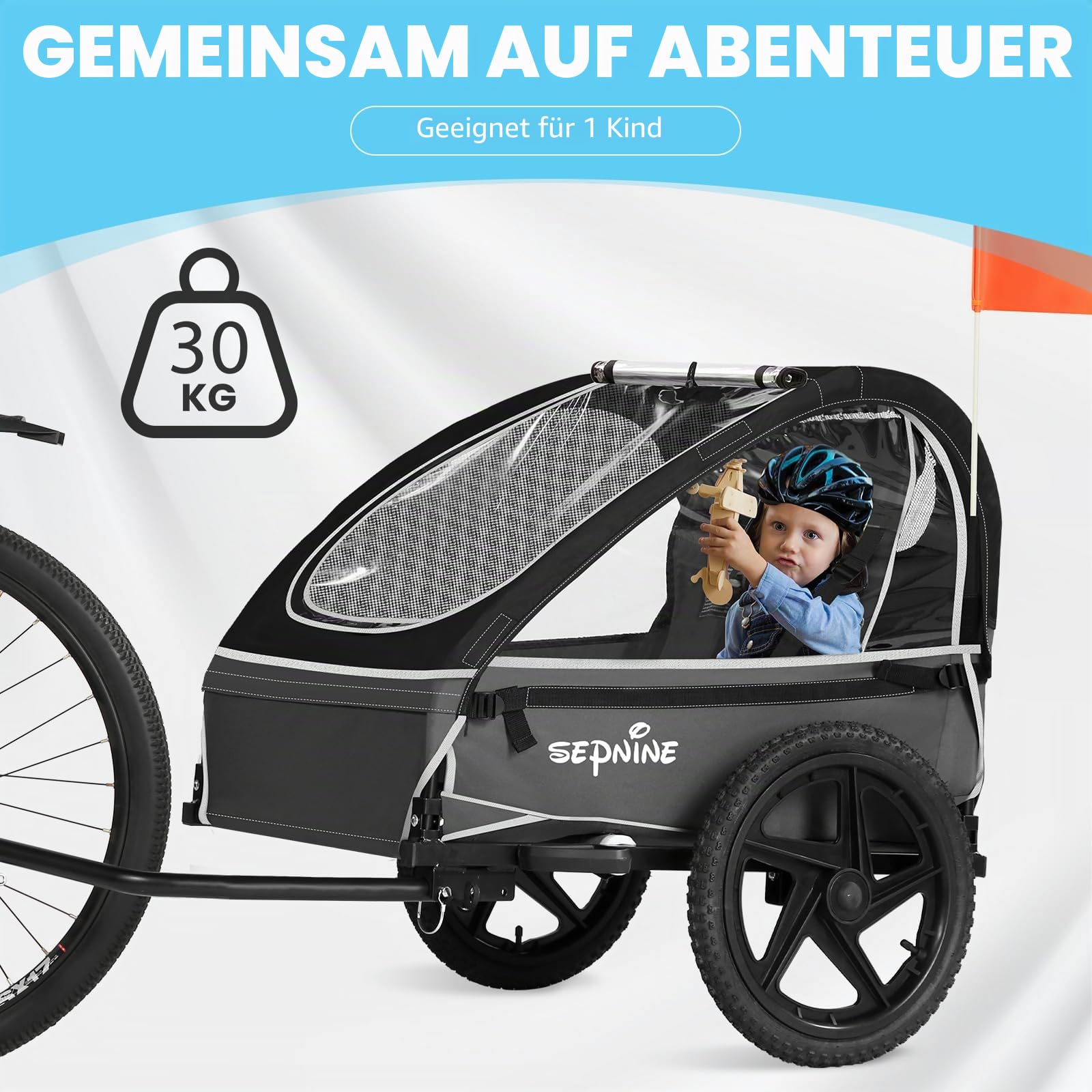 Sepnine Kinder-Fahrradanhänger, geeignet für 1 bis 2 Kinder, ab 12 Monaten, Schnellbefestigung am Fahrrad, faltbar, mit 5-Punkt-Gurt und Aufbewahrungstaschen