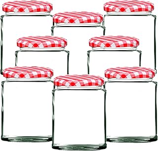 Offer Shop Round Glass Jam Jars with Red Gingham Lids & Adhesive Labels | 190ml / 7oz Glass Jars with Air Tight Twist Lids Reusable Canning Storage Jar for Preserves, Jelly and Herbs - 8 Set
