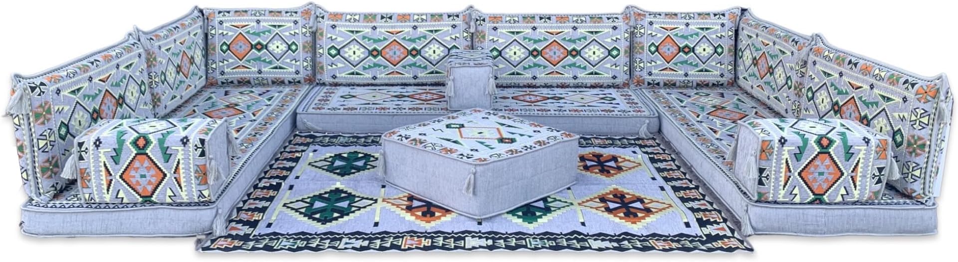 Moroccan Floor Sofa, Arabic Style Majlis Seating Set With Matching Rug And Pouffe Blue Bohemian Floor Cushions - Sofa - Rug - Pouffe