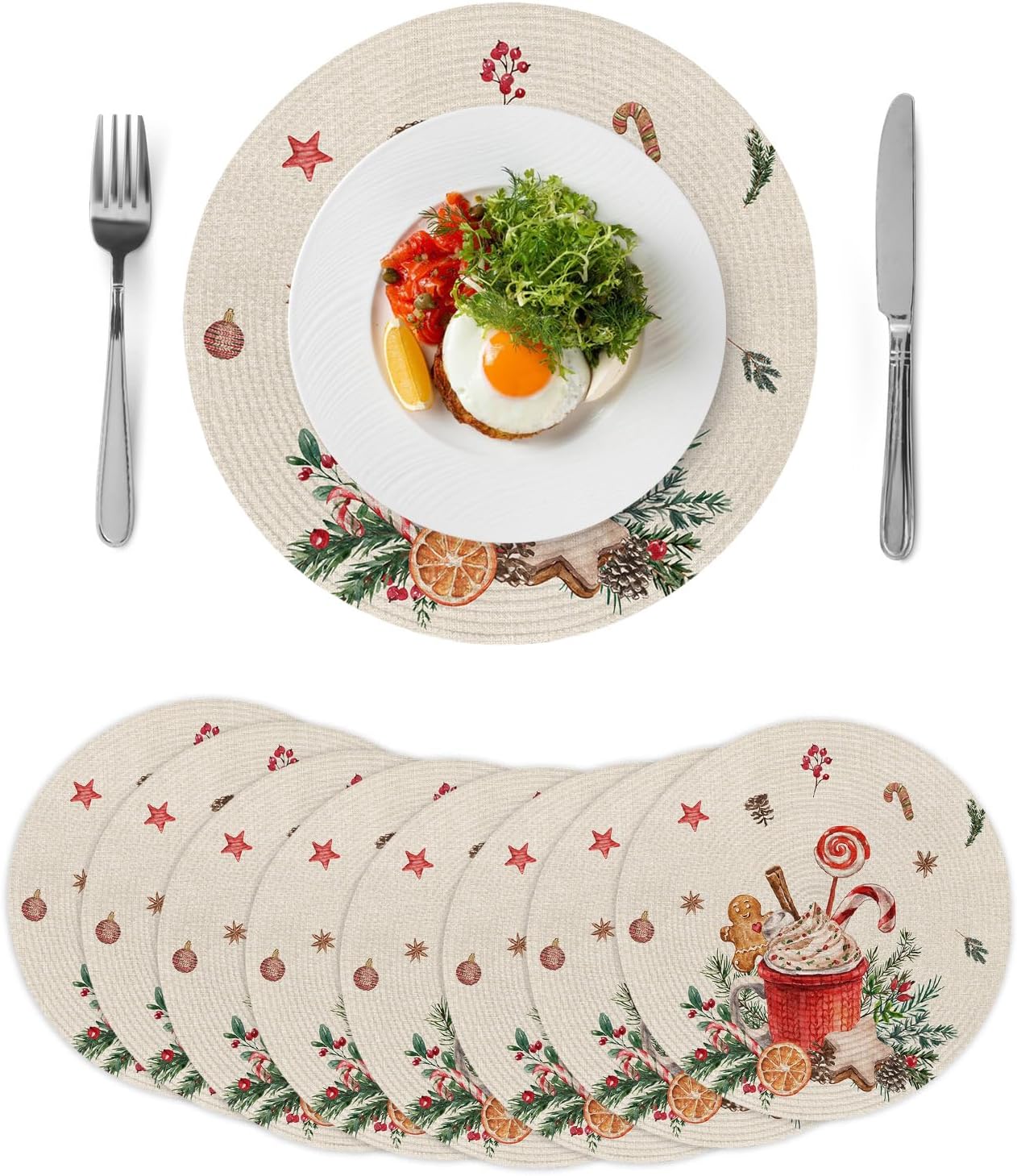 Christmas Round Placemats Set of 8 Gingerbread Candy Cane Place Mats Xmas Ball Circle Braided Placemat Heat Resistant Table Mat for Xmas Holiday Decorations, 15 Inch