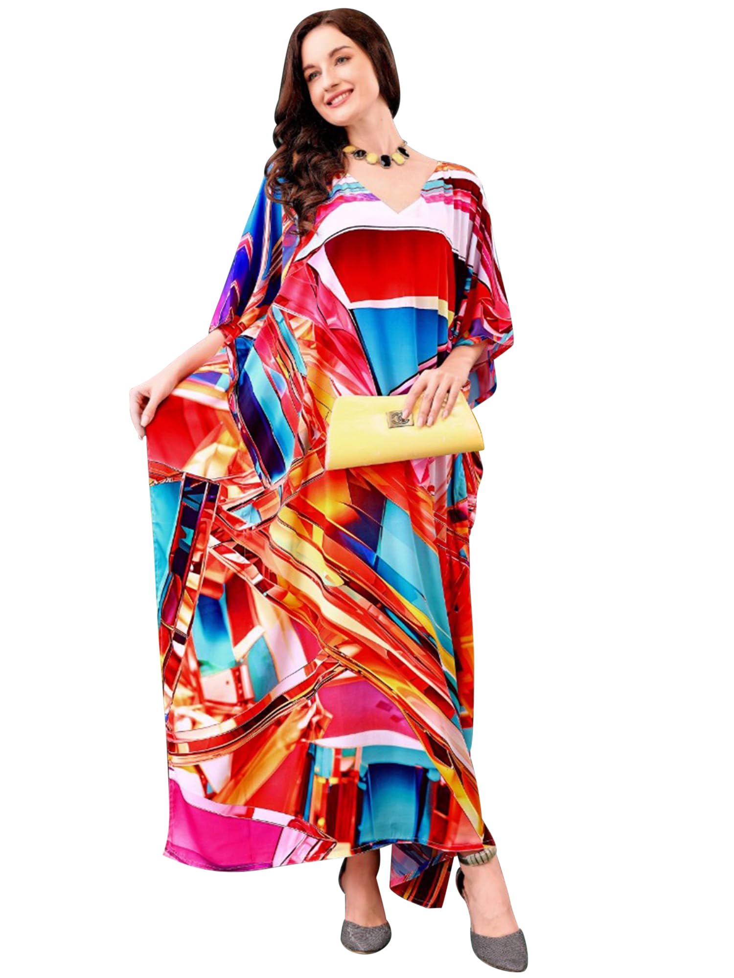 Multicoloured Long Kaftan with Printed Abstract Pattern Women's Comfortable Printed Dress for Beach-image-41