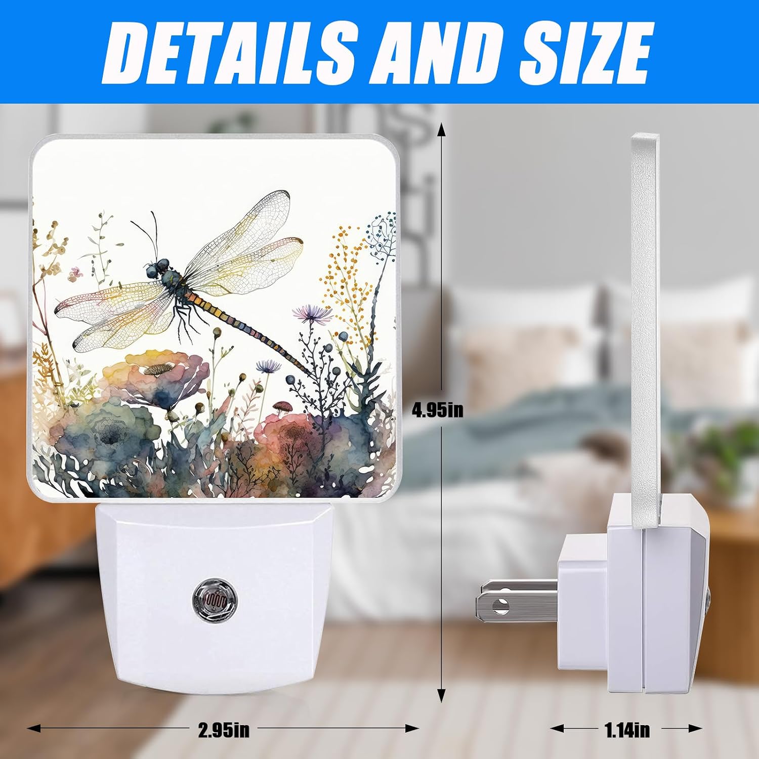 Watercolor Dragonfly Flowers Night Light,Plants Nightlight Plug into Wall,LED Lamp，Suitable for Bedrooms,Kitchens,Toilets,Etc.Auto Sensor Dusk to Dawn,Energy-Saving image 2