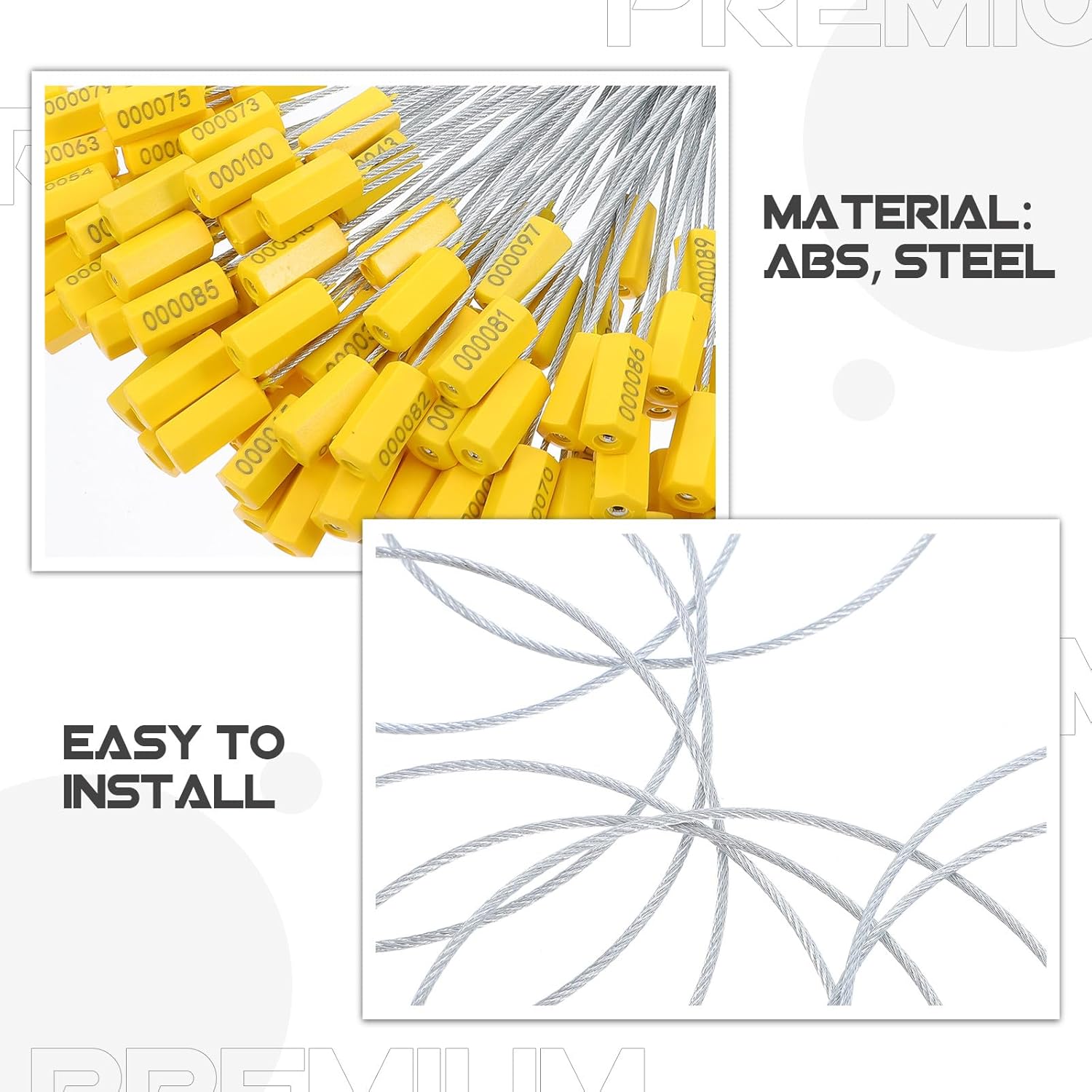 Luxshiny 100pcs Steel Cable Seals Metal Security Tags Tamper-Proof Transport Safety Labels 1.8x300mm Yellow Wire Seals for Container Truck Packaging