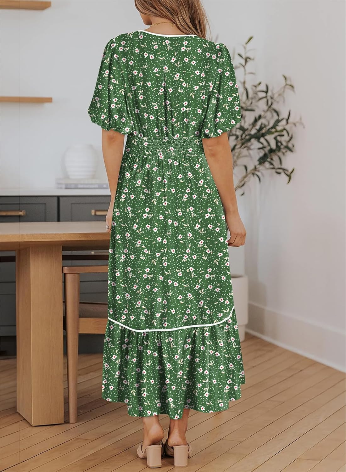 Dokotoo Womens Tie Front V-Neck Empire Waist Dress Summer Short Sleeve Smocked Wedding Guest Dress Floral Maxi Dresses - Image 9