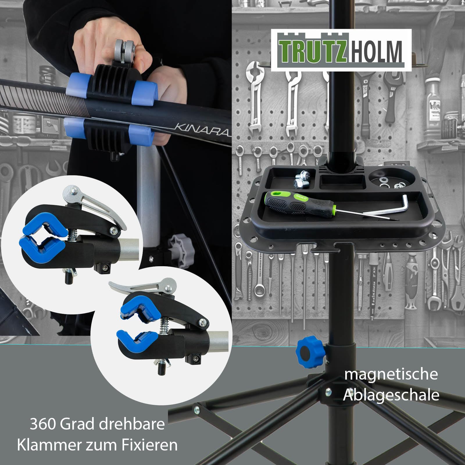 TRUTZHOLM Fahrradmontageständer 360° drehbar höhenverstellbar 30 kg Traglast Stahl mit magnetischer Werkzeugablage schwarz für Fahrräder Mountainbikes E-Bikes