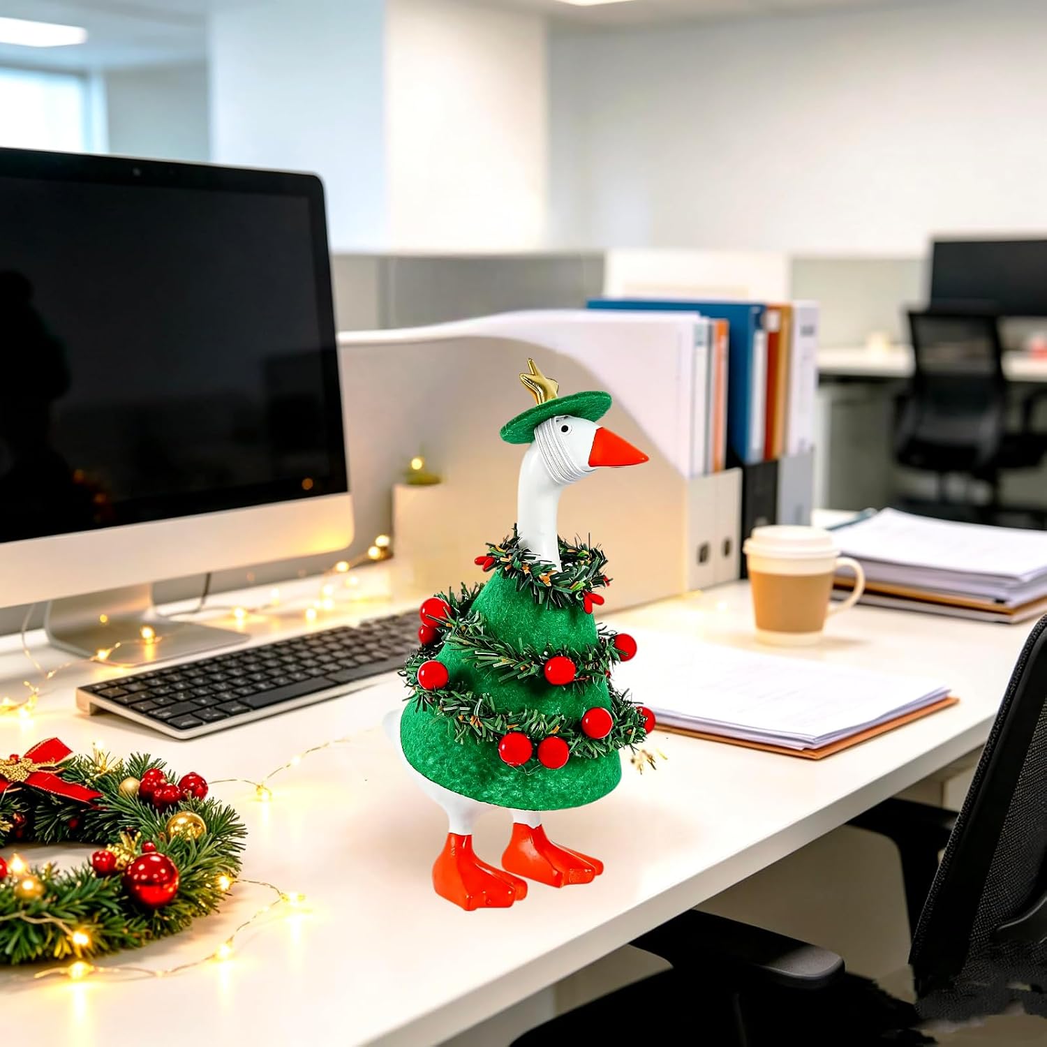7 Inch Desk Goose Christmas Tree Costume Set with Star Headpiece, Mini Holiday Outfit for Desktop Statue Decor, Funny Tabletop Ornament for Xmas Gift