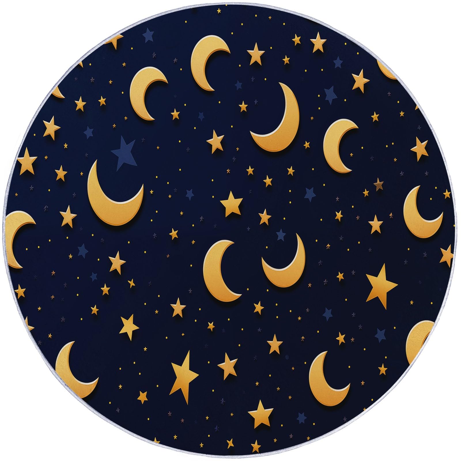 Tapis Rond en Flanelle Doux et Moelleux 120 cm, Mignon Lune Étoiles Motif imprimé, Or Bleu foncé Tapis Rond Antidérapant pour Salon Chambre Salle de Jeux Décoration Moderne