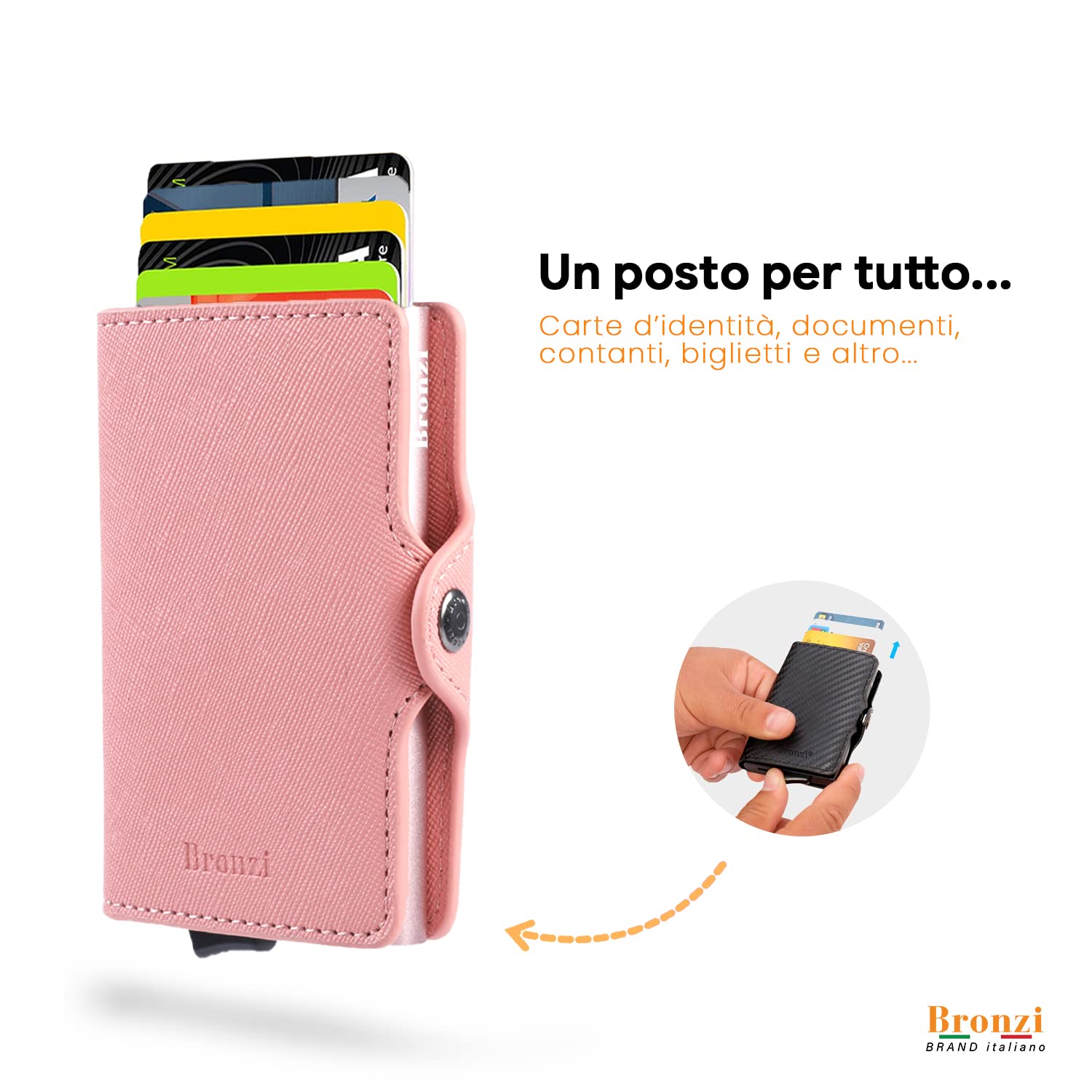 Bronzi Portafoglio Porta Carte Credito - Portafoglio Donna Slim Portacarte Donna - Mini Porta Tessere - Protezione RFID - Design Smart Saffiano Rosa
