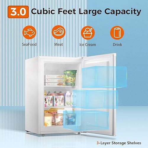 Miniatura 5 de Kismile Congelador vertical, mini congelador de 3.0 pies cúbicos con puerta individual reversible, estantes extraíbles, congelador pequeño