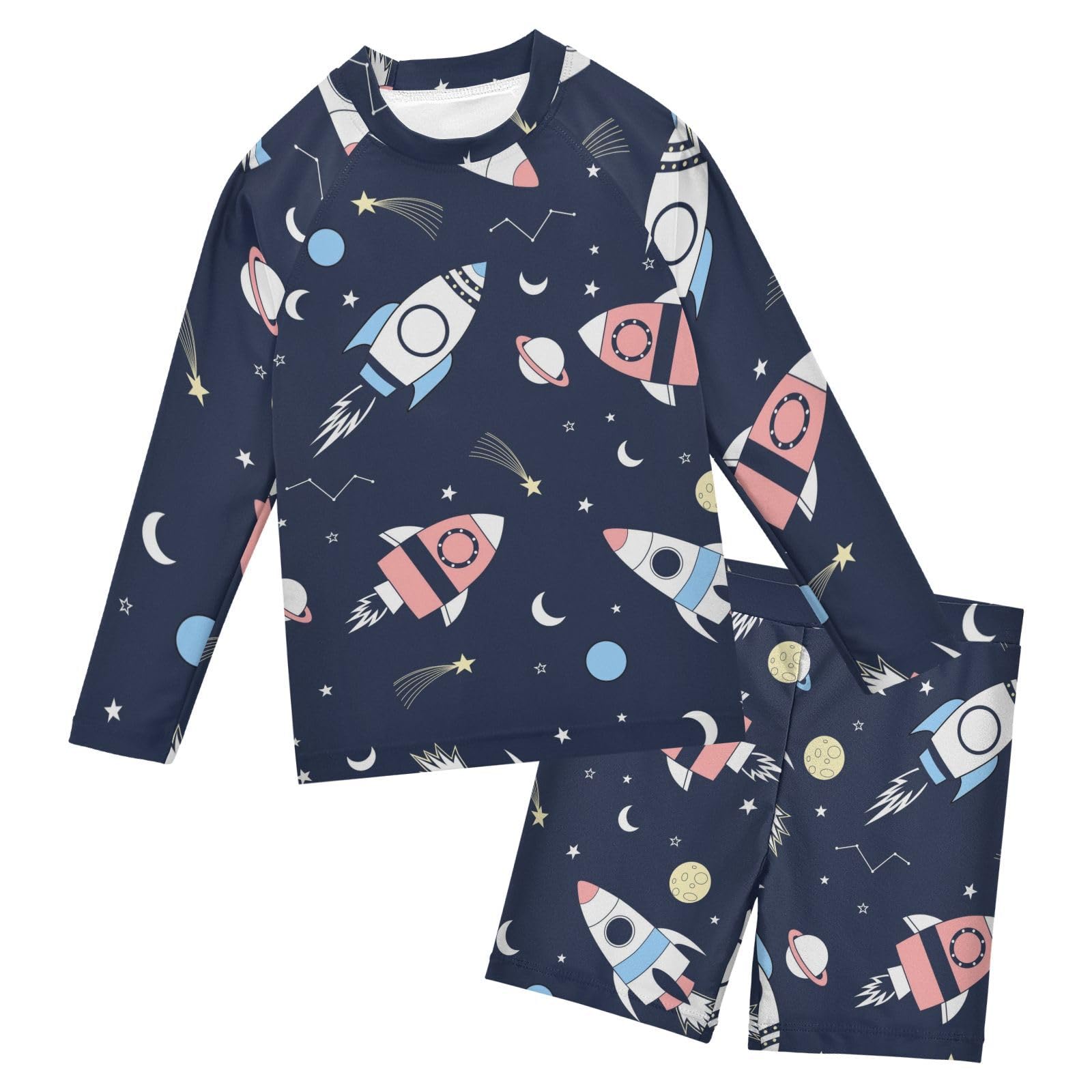 Aflyko Kids' Bathing Suit Set Blue Pinks Spaceship Shooting Star Long Sleeve Swim Tops with Shorts Summer Vacation Pool Party Rashguard Fun Cute Infant Beachwear, 4T