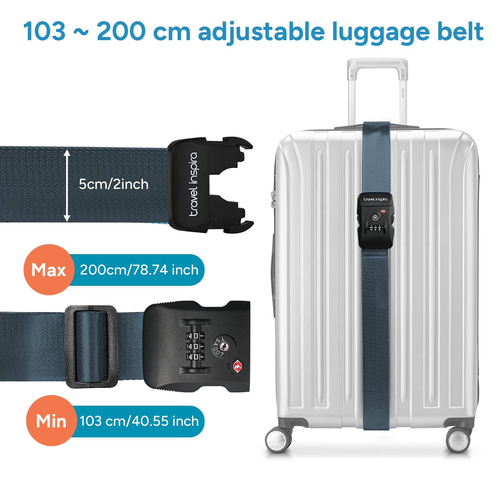 Travel Inspira Cinghie per bagagli con serratura a combinazione TSA, regolabili, facili da usare, proteggono il tuo bagaglio, blu navy