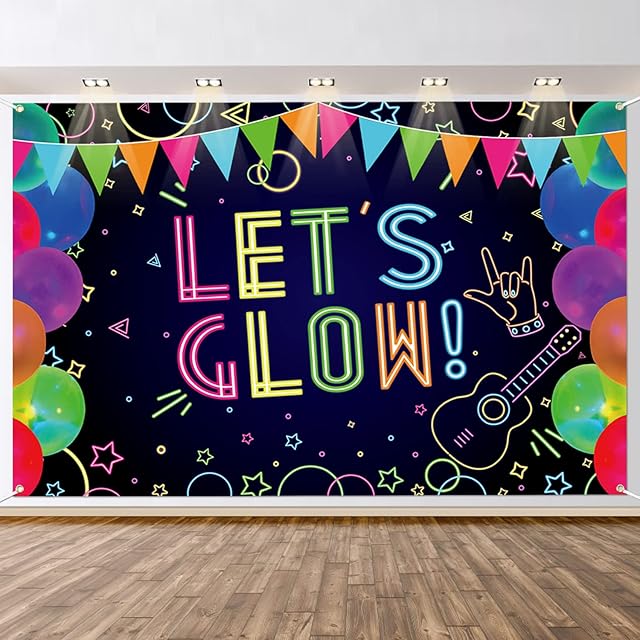 XJLANTTE Glow Neon Birthday Party Backdrop - Glow in The Dark Lets Glow Banner Backdrop Black Light Themed Photography Background Photo Booth for Kids Boy Neon Party Decorations, 71 x 47 Inch (A)