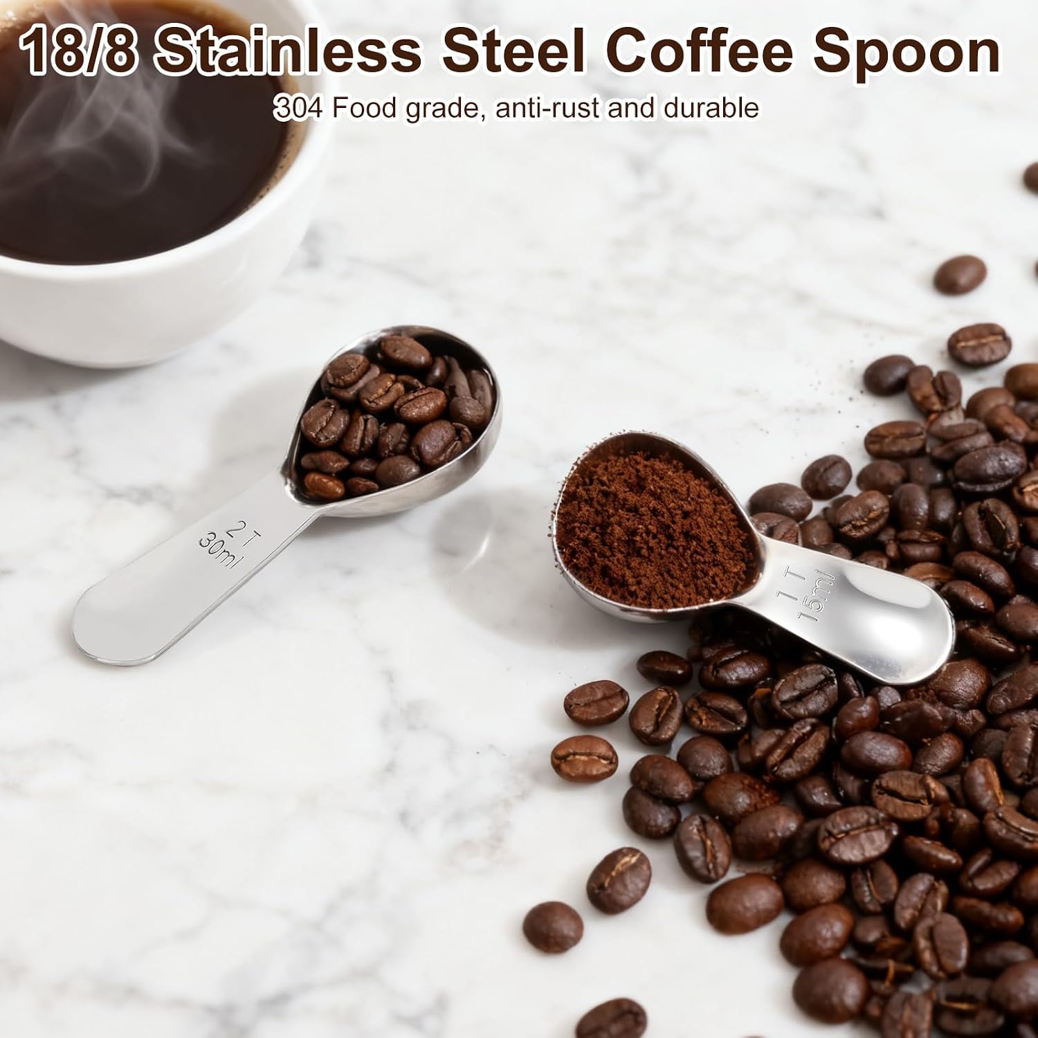 Condition photo showing New/Like New for 2pcs coffee scoops, premium 18/8 stainless steel coffee spoons, set of 2 short handled (1 tablespoon & 2 tablespoon) coffee measuring spoon for ground coffee, tea and powder by es nataura