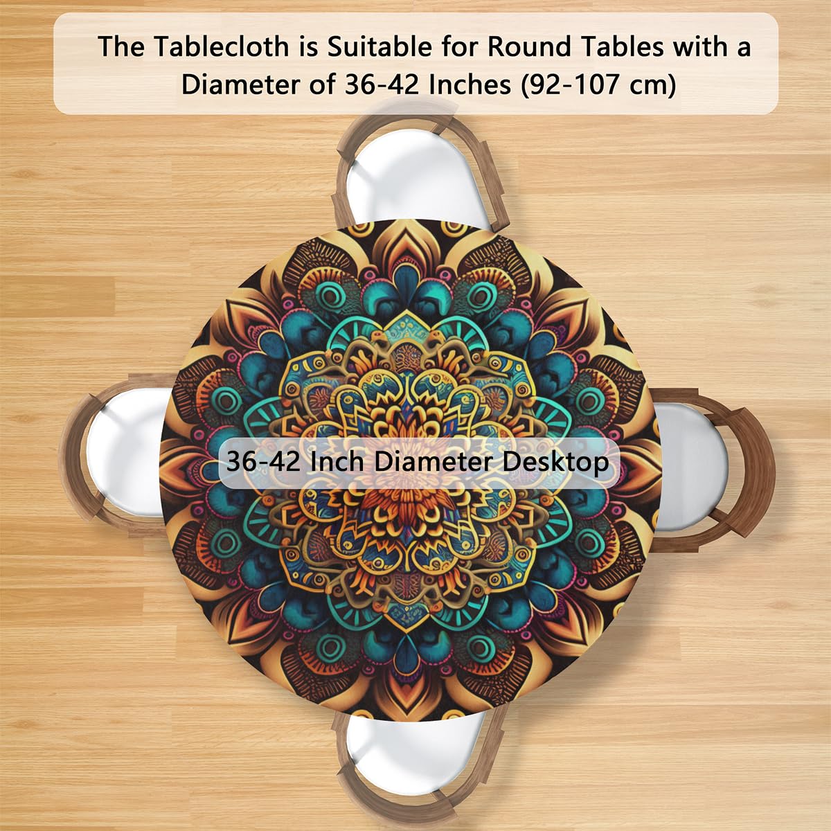 WMWXER Summer Round Fitted Tablecloth with Elastic Edged Mandala Flower Table Cover Polyester Washable Table Cloth for Indoor Outdoor Party Wedding Use - Fits Tables up to 40