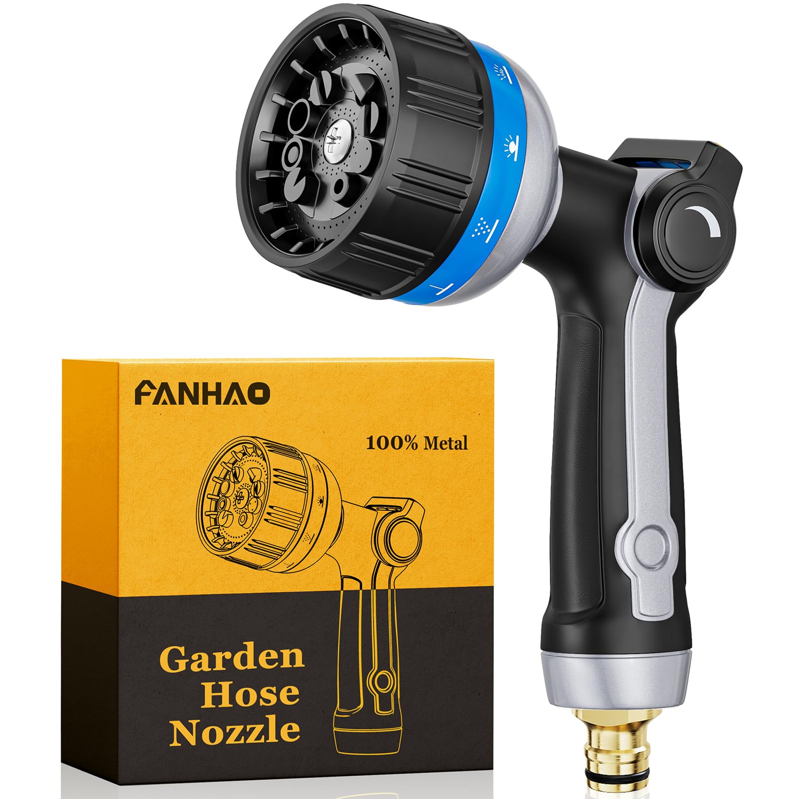 FANHAO Heavy Duty Garden Hose Spray Gun, Metal Water Hose Gun with 10 Spray Patterns, Thumb Control, On Off Valve, High Pressure Hose Nozzle for Plants Watering, Car and Pet Washing, Blue