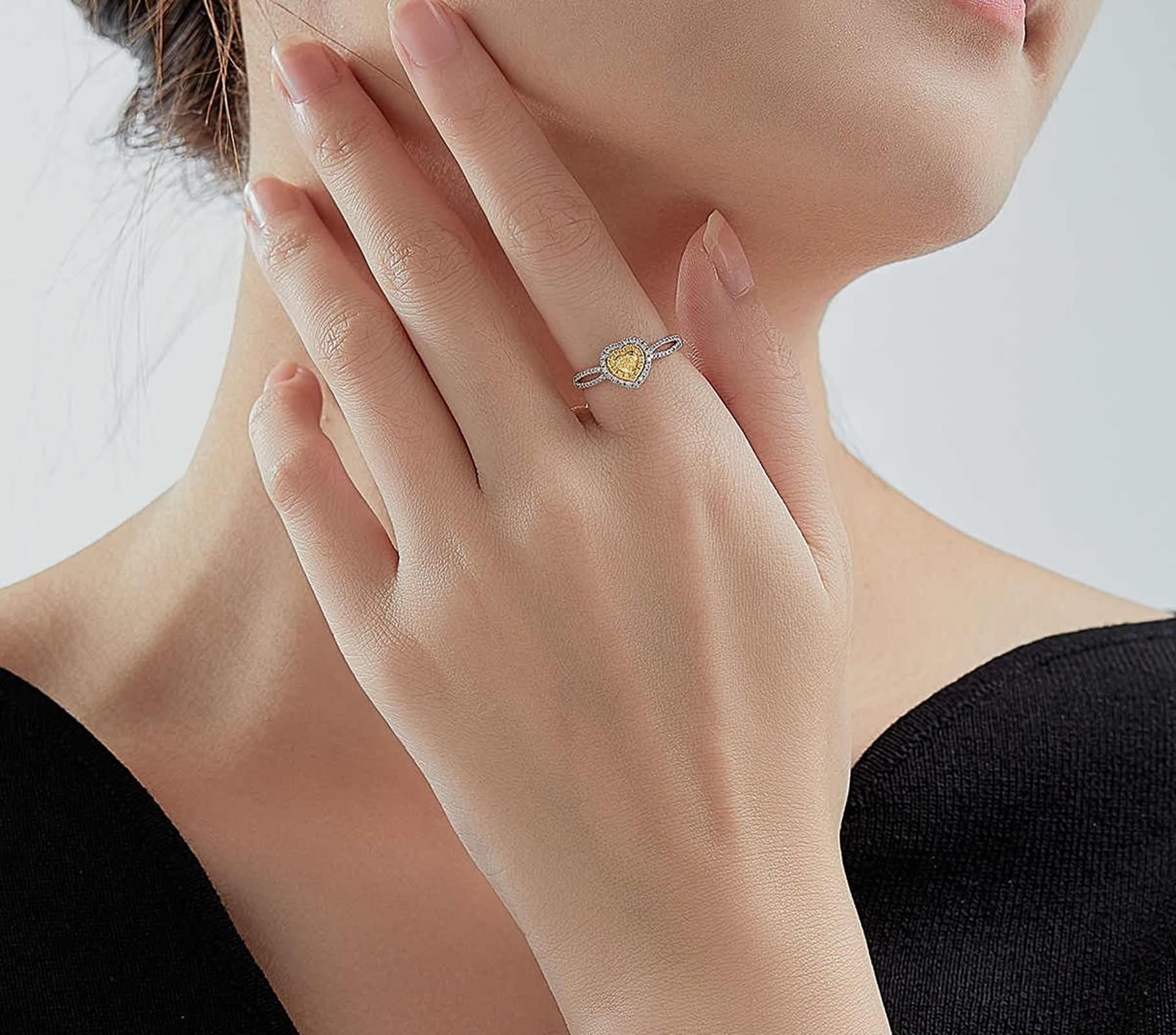 Pierścionek damski w kształcie serca, w stylu vintage, żółty diament, obrączka ślubna, 9K/14K/18K, białe złoto, moda, klasyk