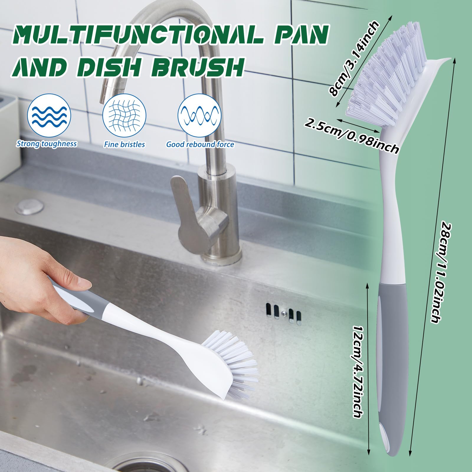 Hsei 20 spazzole da cucina grigie con manico da 27,9 cm, con setole rigide, per pulire pentole e padelle, lavello da cucina