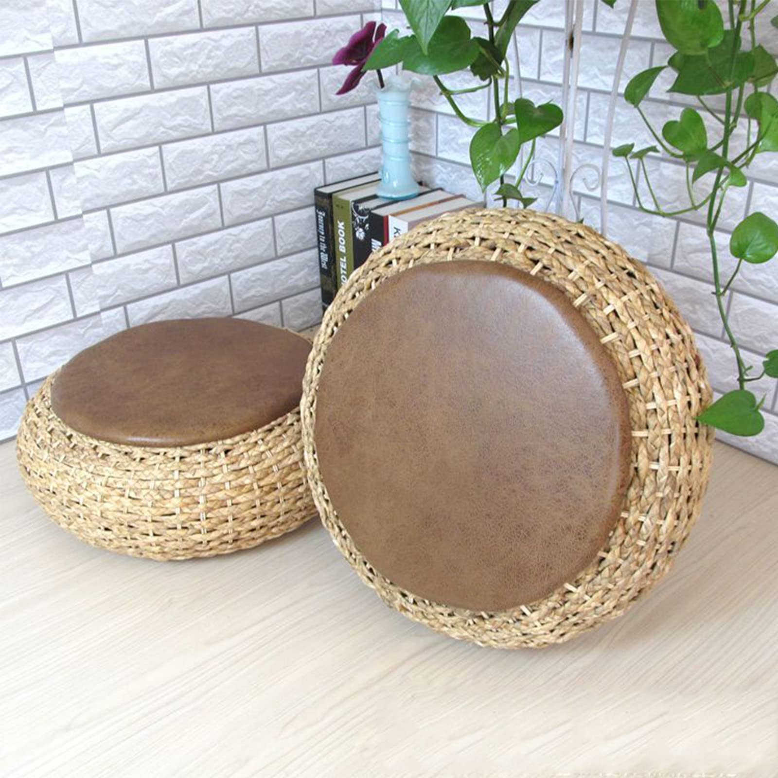 Tatami - Cojín de suelo, cojín redondo tejido, tapete de meditación y yoga hecho a mano para uso en interiores y exteriores, almohada suave para jardín, comedor, sala de estar
