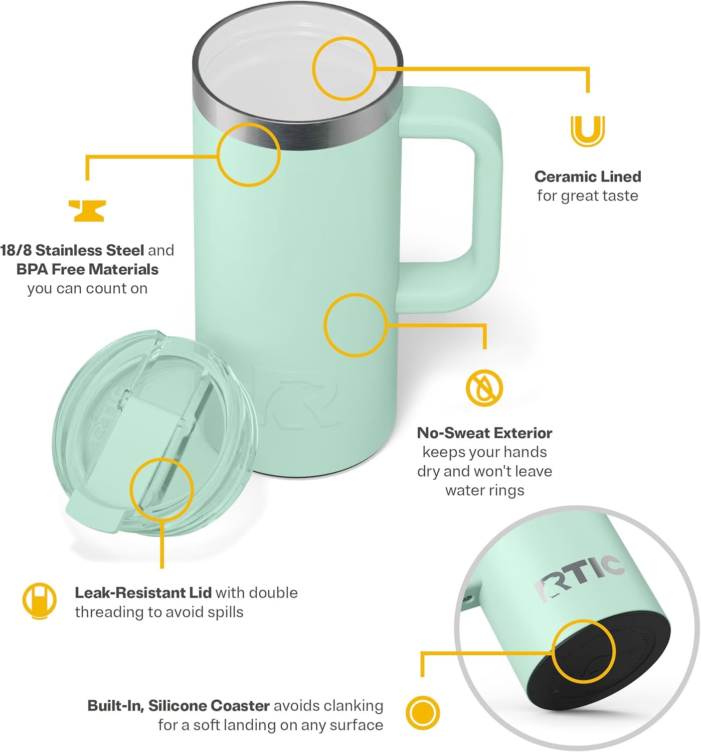 RTIC 16oz Road Trip Travel Mug with Lid and Handle, Ceramic Lined, Insulated, Stainless Steel, Metal, Double Wall Vacuum-Insulation, Portable Coffee, Tea Cup for Hot and Cold Drink, Fresh Mint - Image 4