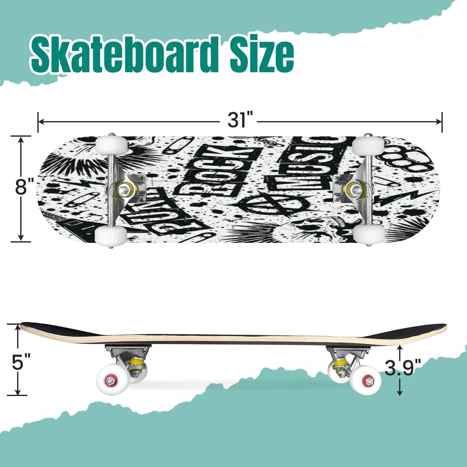 Skateboards Abstract Black and White Grunge Punk Skulls and Guitars Seamless for Classic Concave Skateboard Cool Stuff Teen Gifts Longboard Extreme Sports for Beginners and Professionals