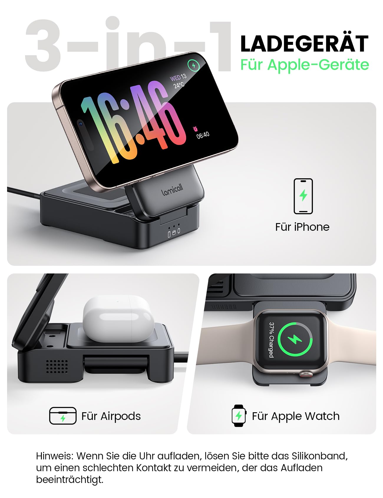 Lamicall 3 IN 1 Ladestation für MagSafe Ladegerät - [Faltbar & Tragbar] Kabellose induktive Ladestation Apple Watch und iPhone, Reisen Wireless Charger für iPhone 17/16/15/14 Pro Max Plus Air, AirPods