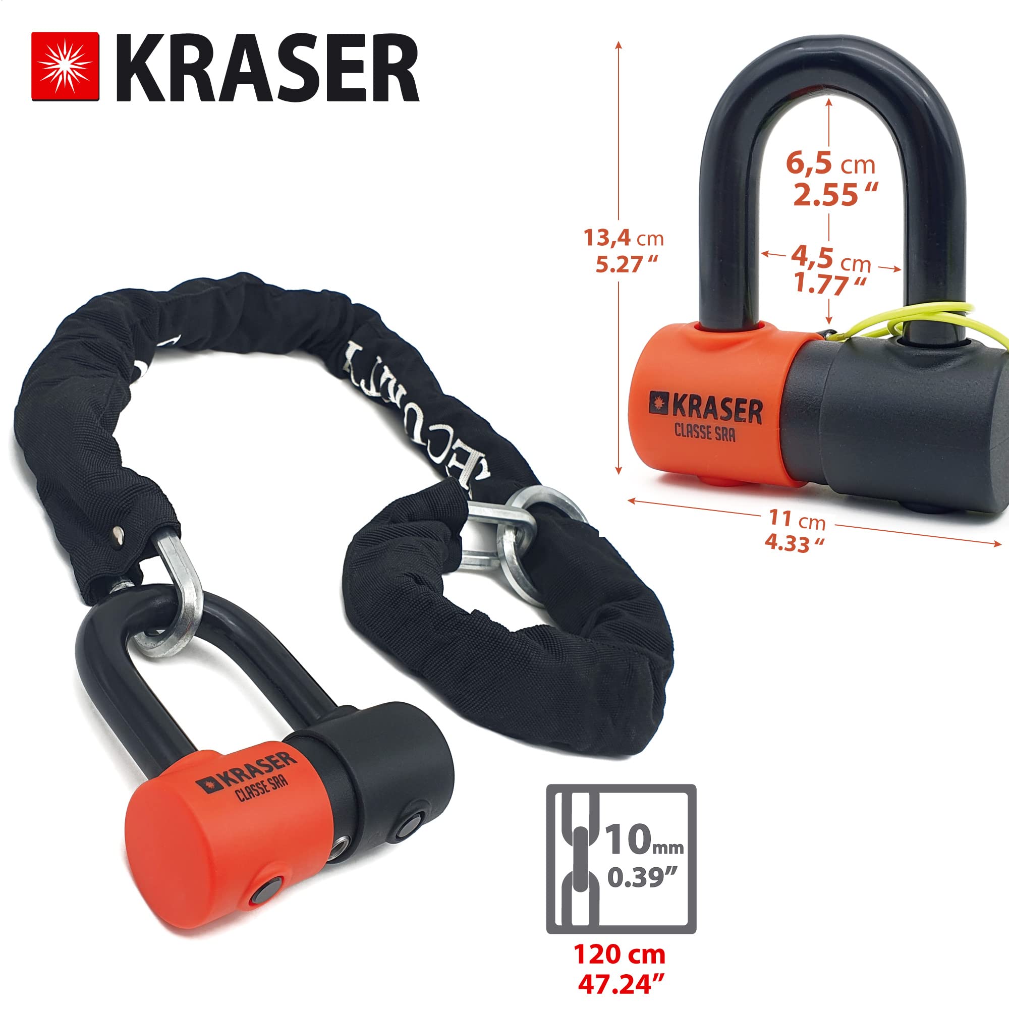 KRASER KR50+120L Motorradkette Diebstahlsicherung + Vorhängeschloss SRA Homologierte Anti-Diebstahl-Set Mini U Solid Ø18 Bausätze Kettenschlaufensystem 120 cm Ø10 Elektrisches Fahrrad