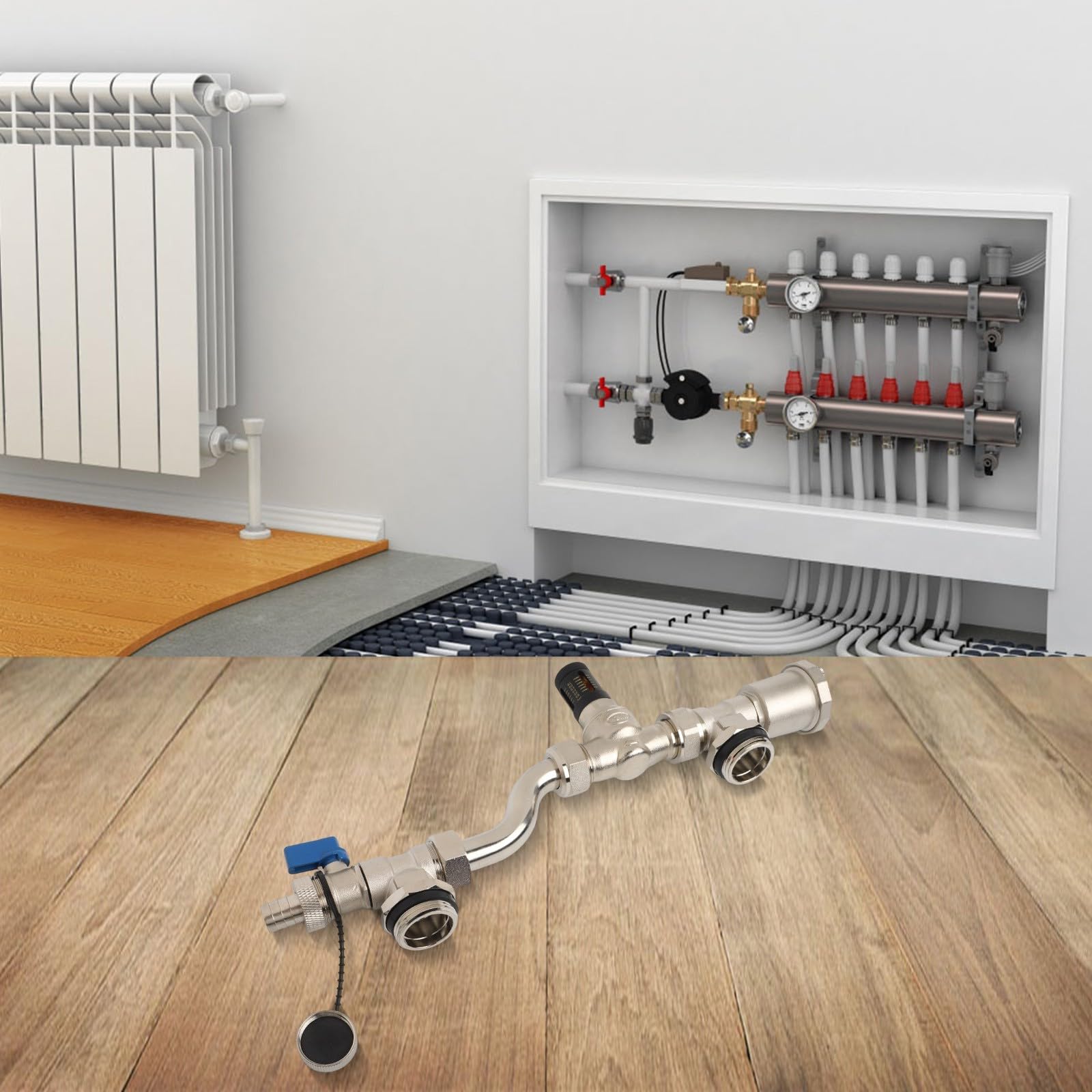 Valvola di bypass della pressione differenziale, distanza centrale 210 mm, connettore collettore di riscaldamento a pavimento in ottone, bilanciamento automatico della pressione di ventilazione