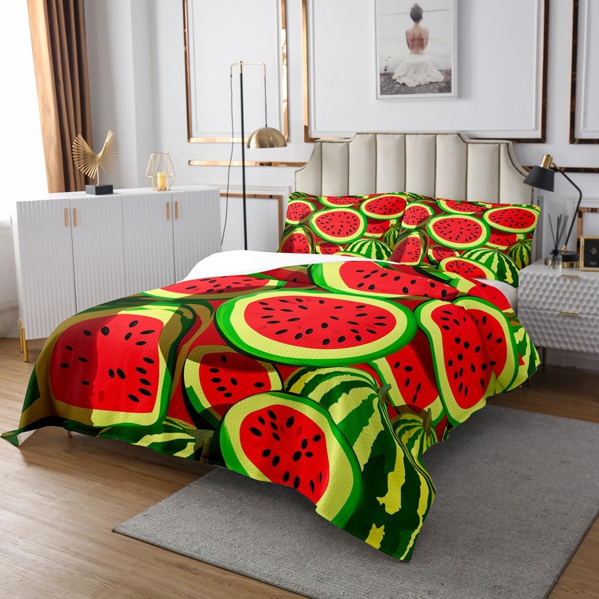 Castle Fairy Watermelon Bedspread Twin Size,Tropical Fruit Bedding Sets 2Pcs for Kids Girls Boys Room Decor,Summer Fruit Comforter Set Modern Art Quilt Coverlet,1 Pillowcase